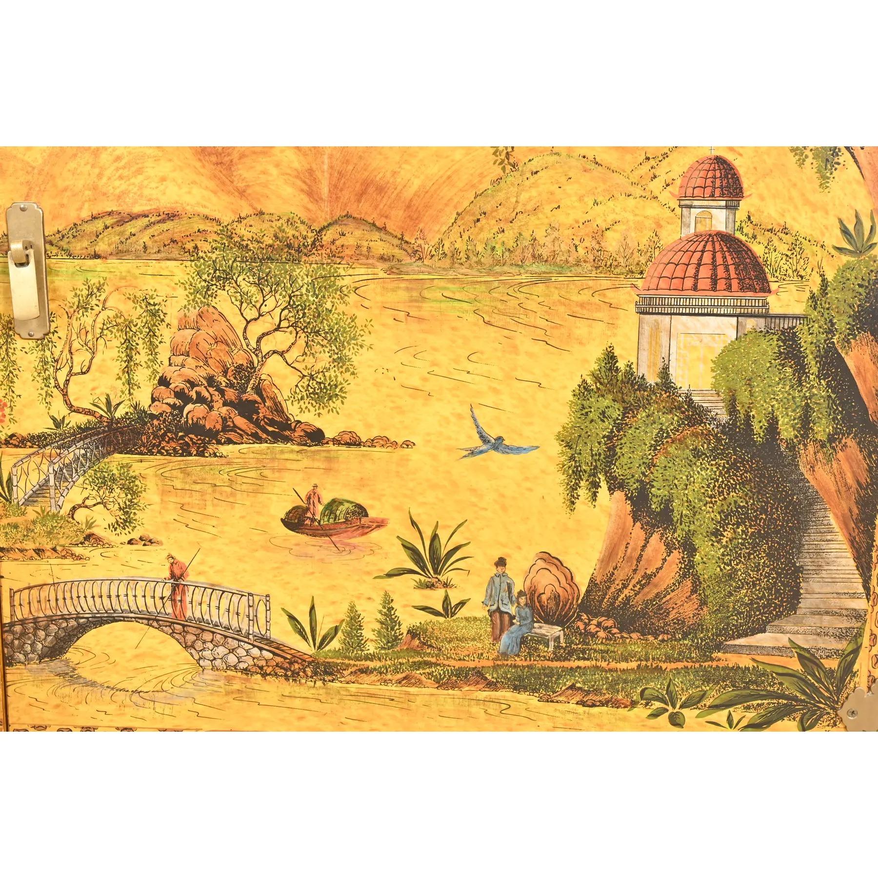 John Widdicomb Hollywood Regency Chinoiserie Hand-Painted Lacquered Bar Cabinet For Sale 4