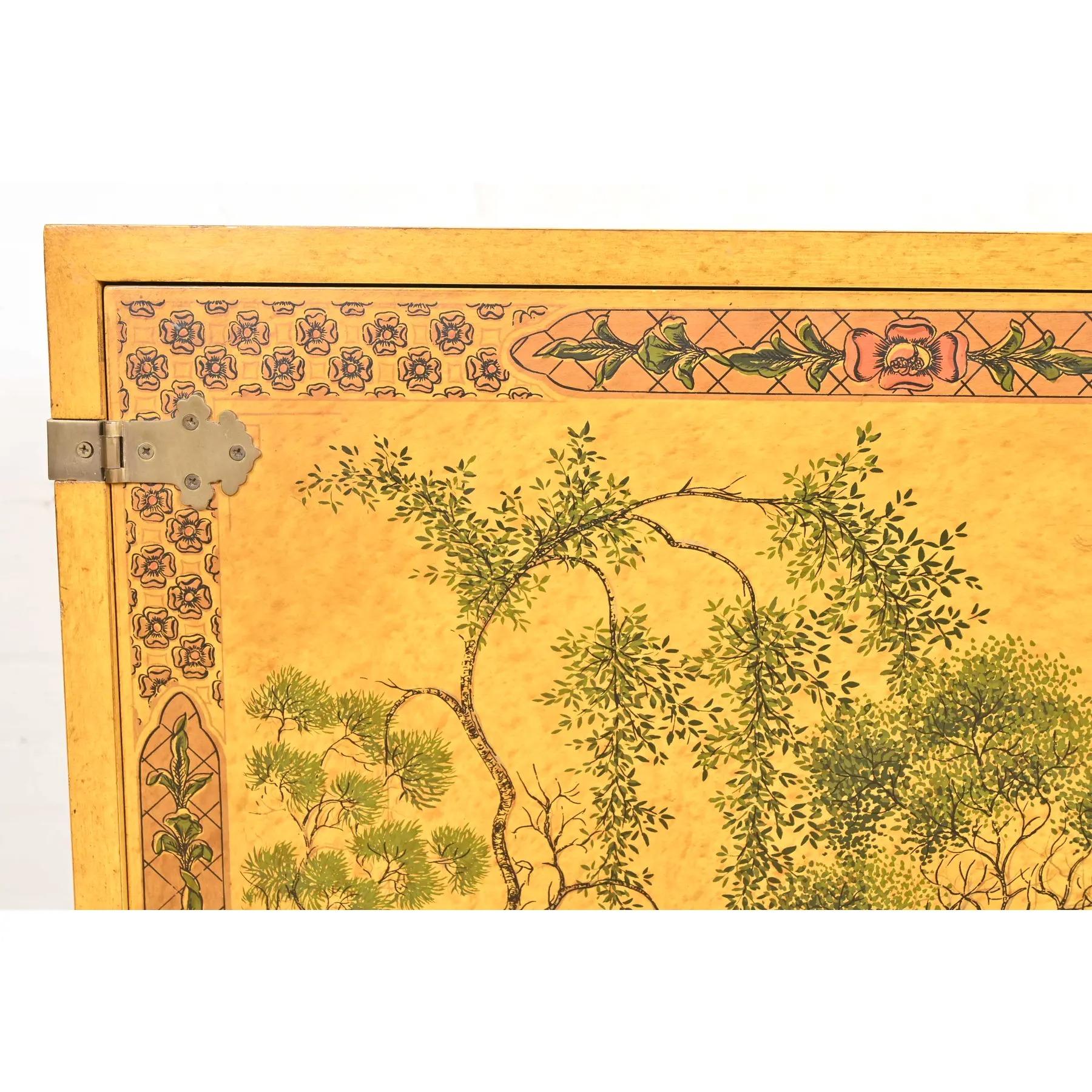 John Widdicomb Hollywood Regency Chinoiserie Hand-Painted Lacquered Bar Cabinet For Sale 6