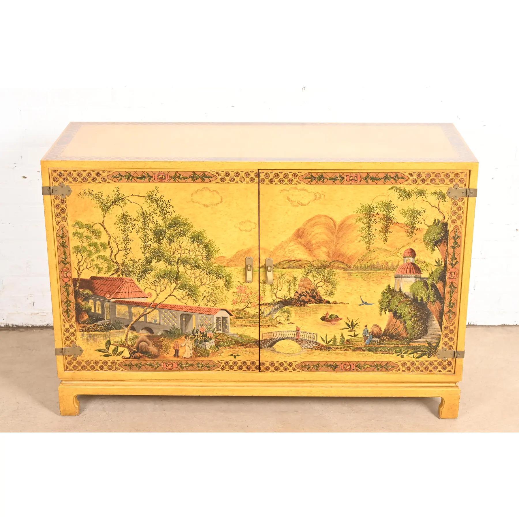 American John Widdicomb Hollywood Regency Chinoiserie Hand-Painted Lacquered Bar Cabinet For Sale