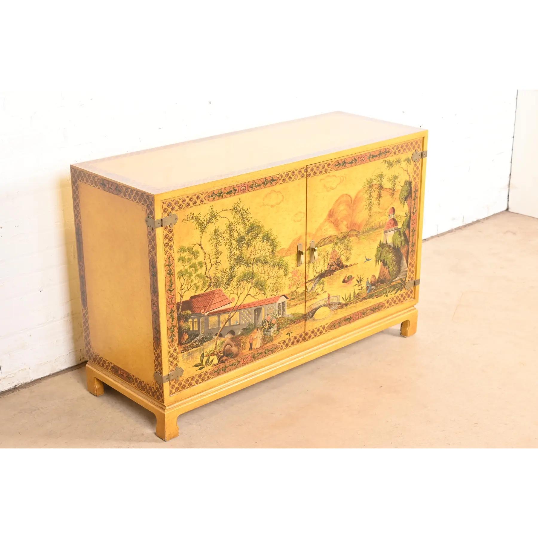 Late 20th Century John Widdicomb Hollywood Regency Chinoiserie Hand-Painted Lacquered Bar Cabinet For Sale