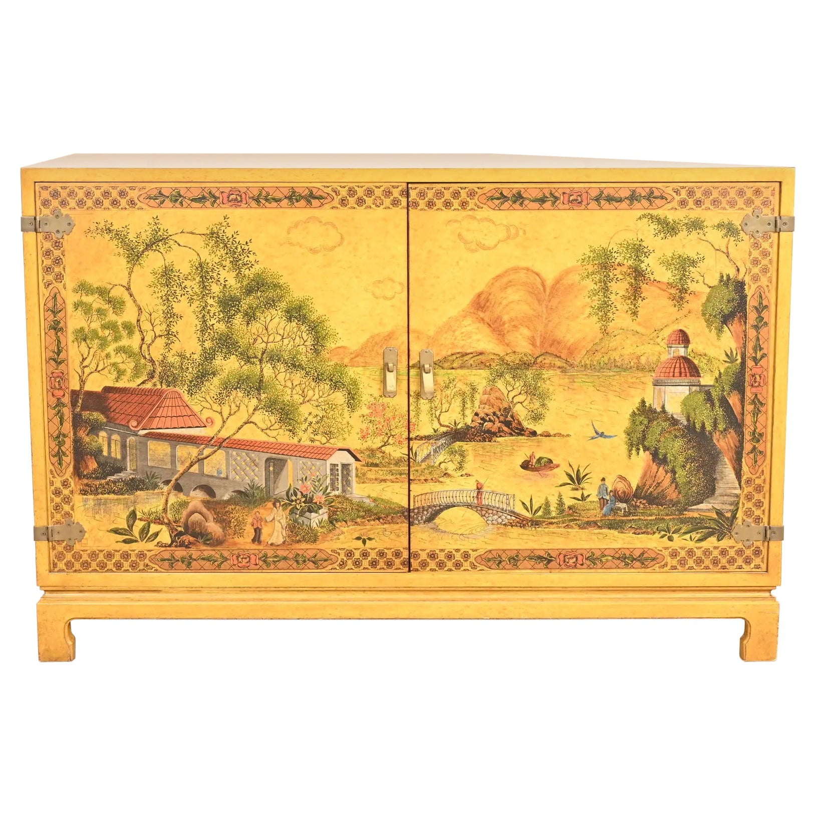 John Widdicomb Hollywood Regency Chinoiserie Hand-Painted Lacquered Bar Cabinet For Sale