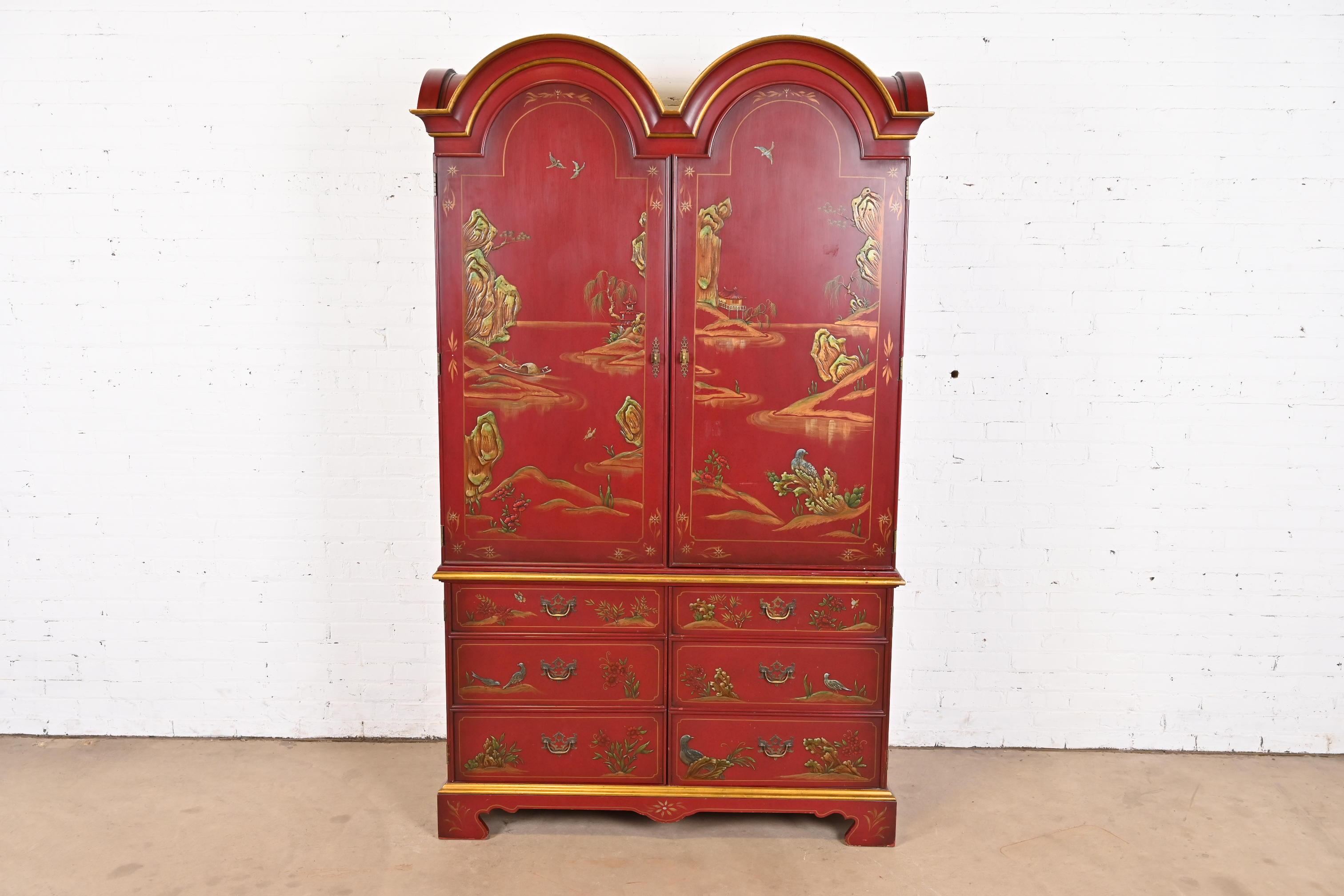 Armario o cabinet John Widdicomb de la Chinoiserie de la Regencia de Hollywood lacado en rojo Estadounidense en venta