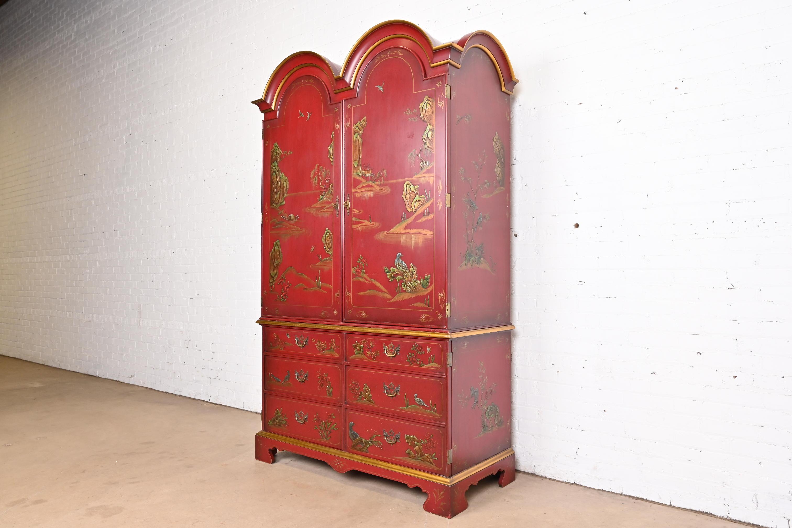 Armario o cabinet John Widdicomb de la Chinoiserie de la Regencia de Hollywood lacado en rojo en Bueno estado para la venta en South Bend, IN