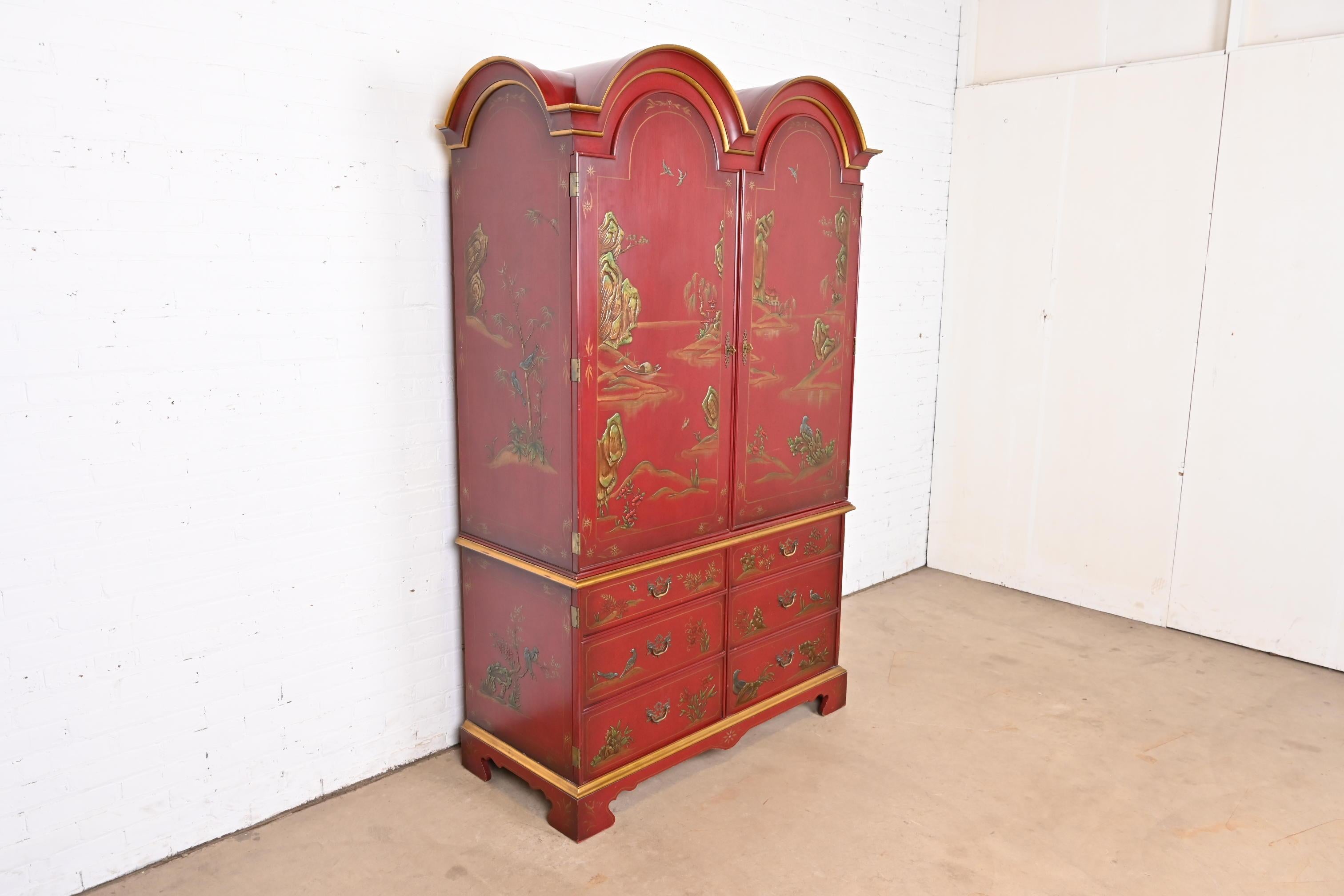 Armario o cabinet John Widdicomb de la Chinoiserie de la Regencia de Hollywood lacado en rojo siglo XX en venta