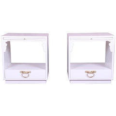 Vintage John Widdicomb Hollywood Regency Chinoiserie White Lacquered Nightstands, Pair