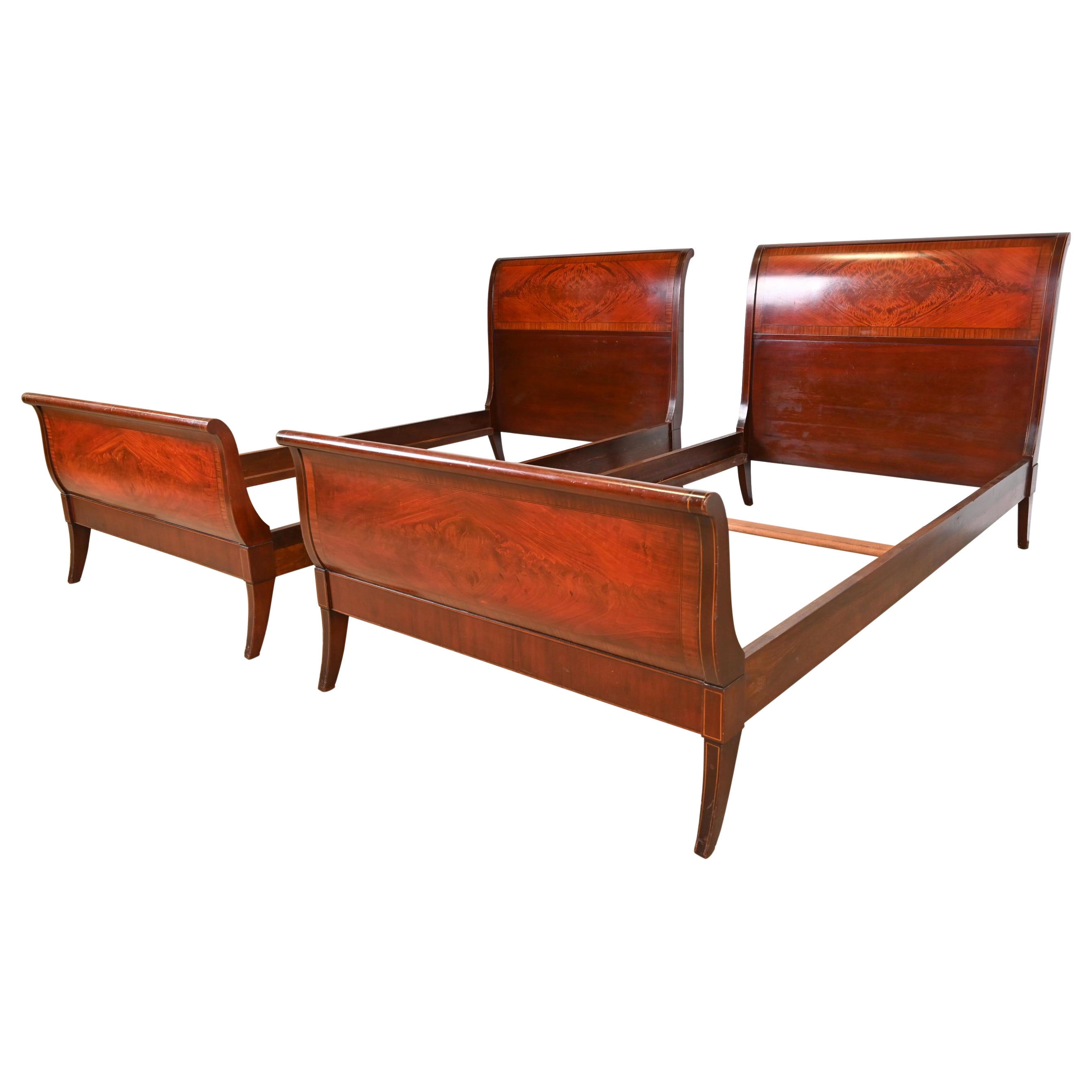 John Widdicomb Inlaid Flame Mahogany Twin Sleigh Beds, Pair