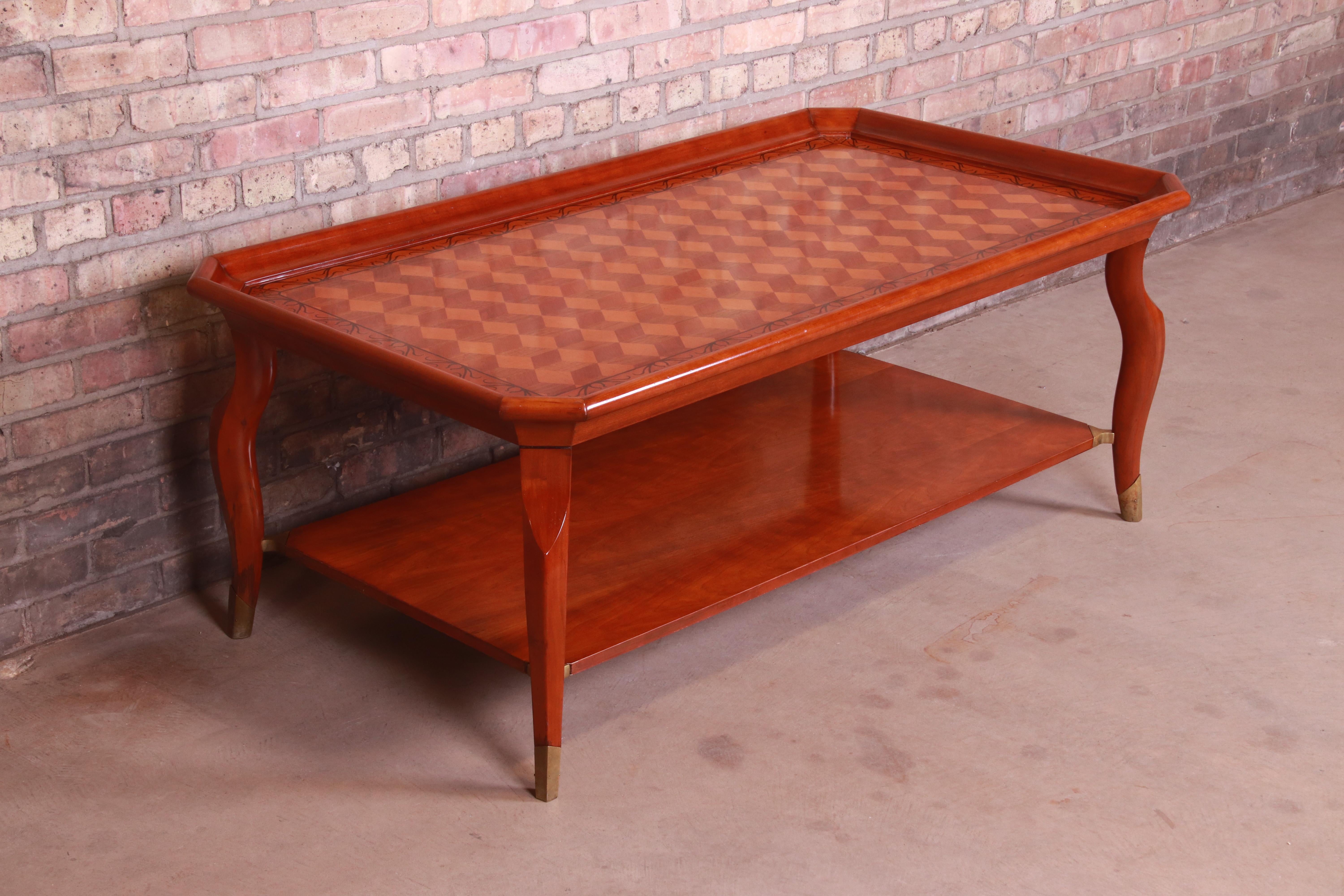 American John Widdicomb Italian Provincial Parquetry Top Two-Tier Coffee Table For Sale