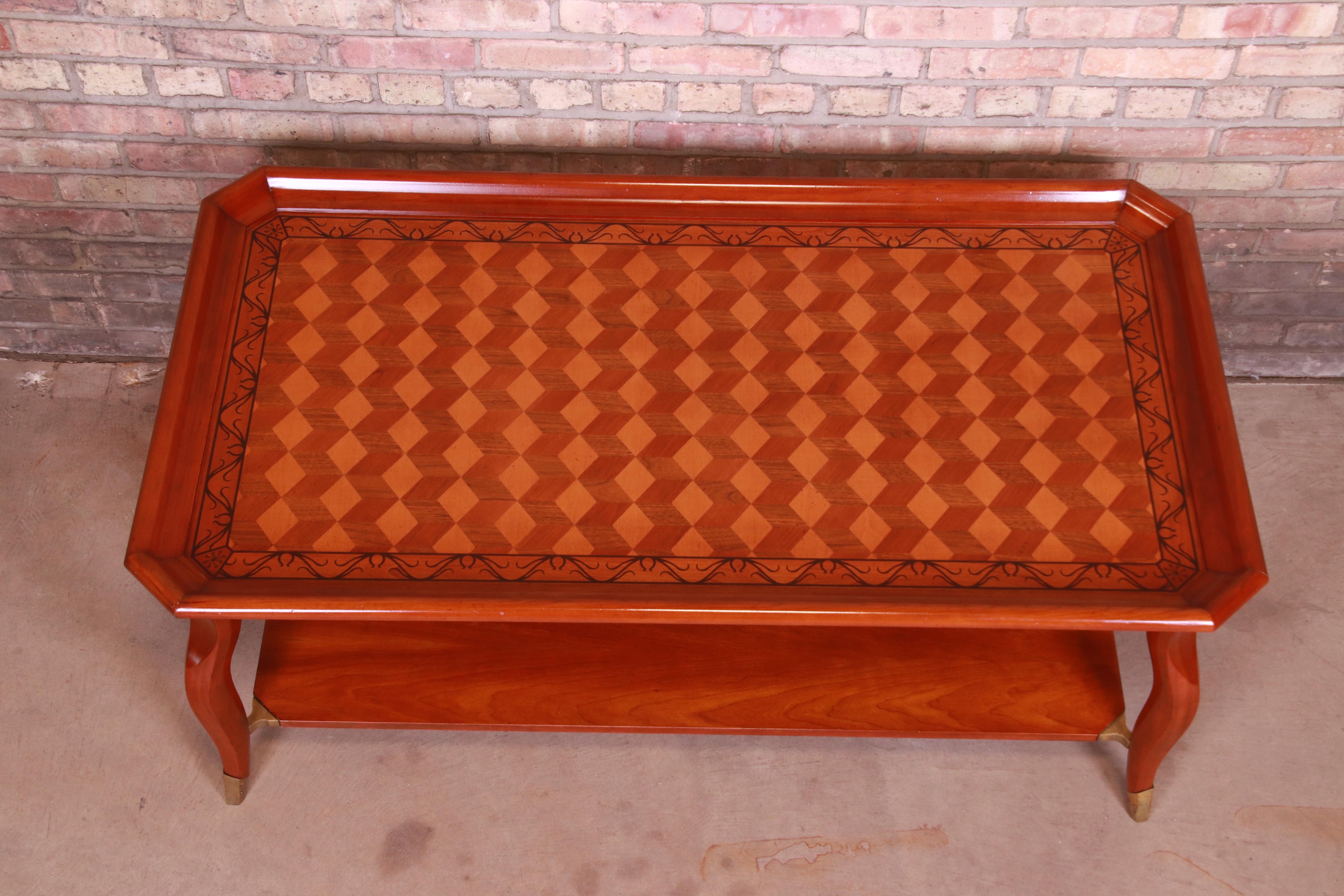 Brass John Widdicomb Italian Provincial Parquetry Top Two-Tier Coffee Table For Sale