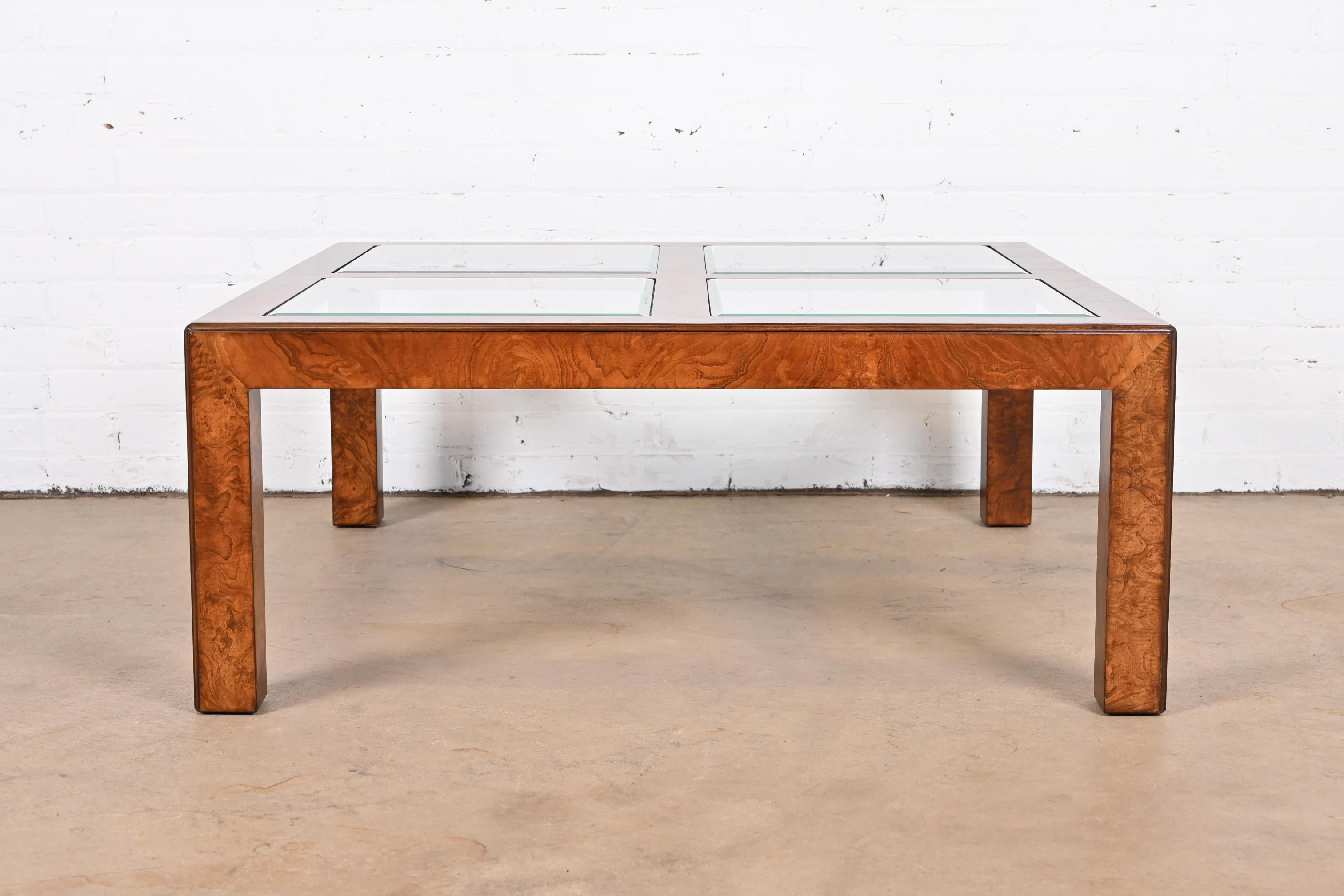 John Widdicomb Mid-Century Burl Wood Glass Top Cocktail Table, Newly Refinished 4