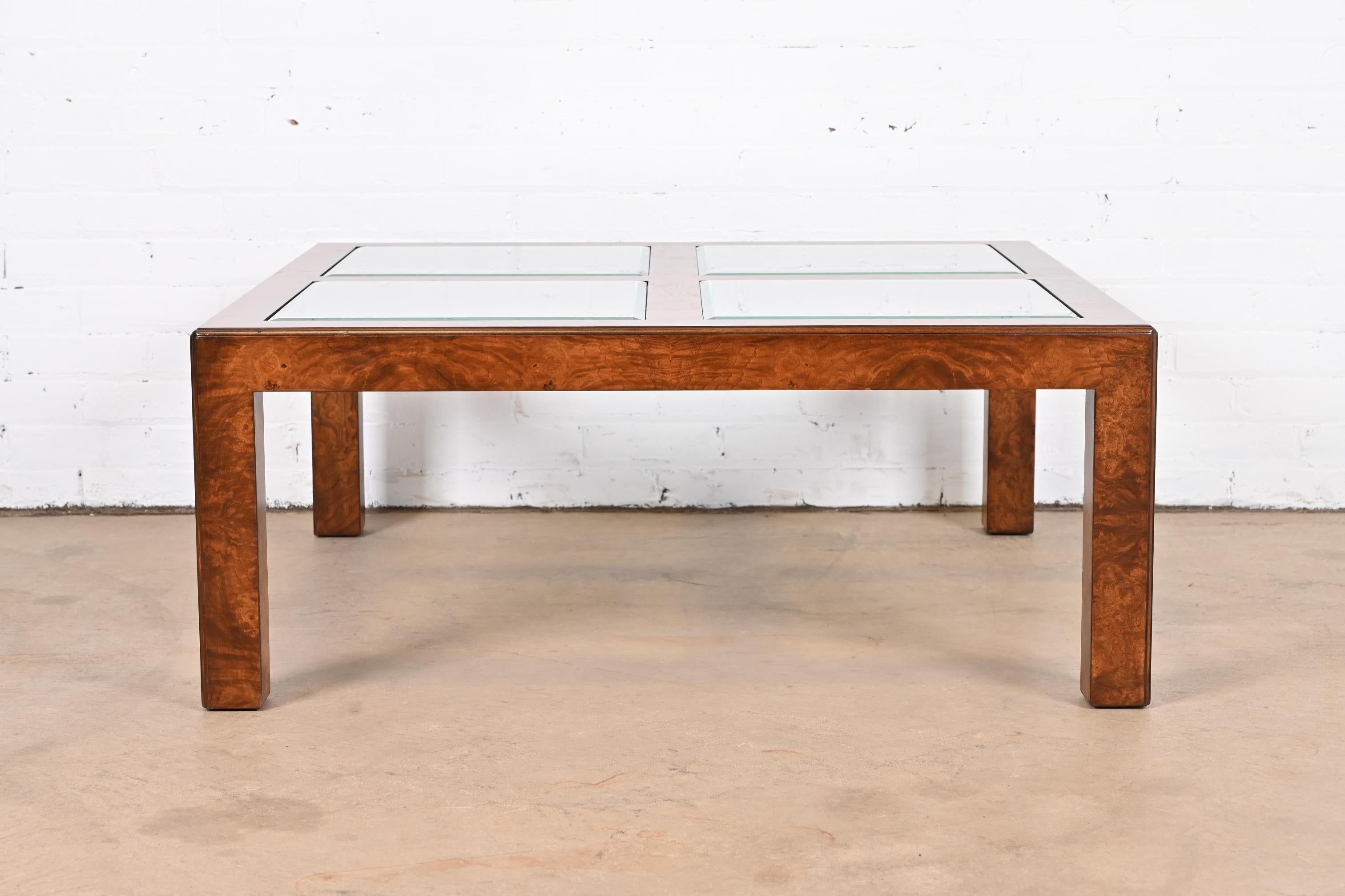 Mid-Century Modern John Widdicomb Mid-Century Burl Wood Glass Top Cocktail Table, Newly Refinished