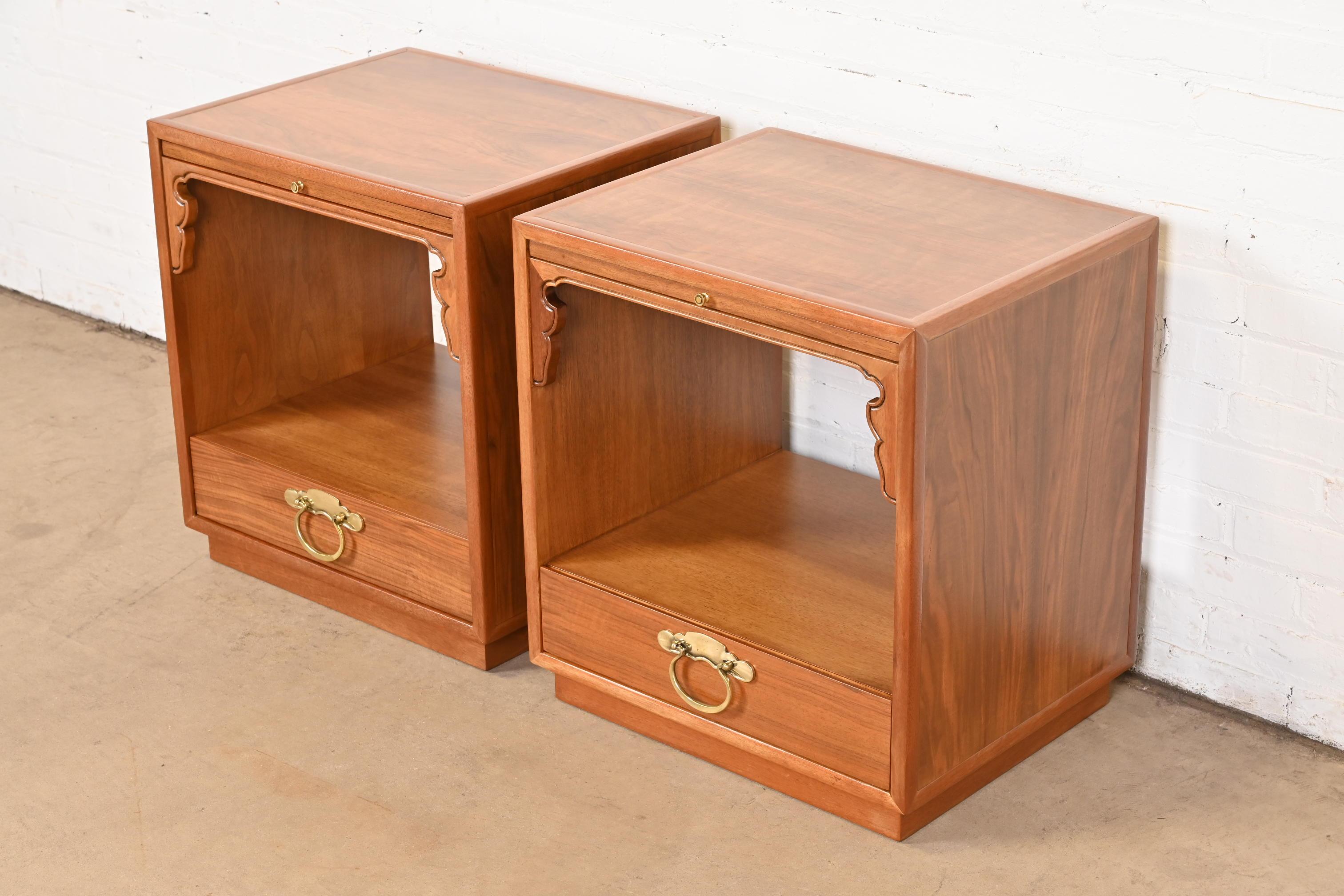 Mid-Century Modern John Widdicomb Mid-Century Chinoiserie Burled Walnut Nightstands, Refinished For Sale