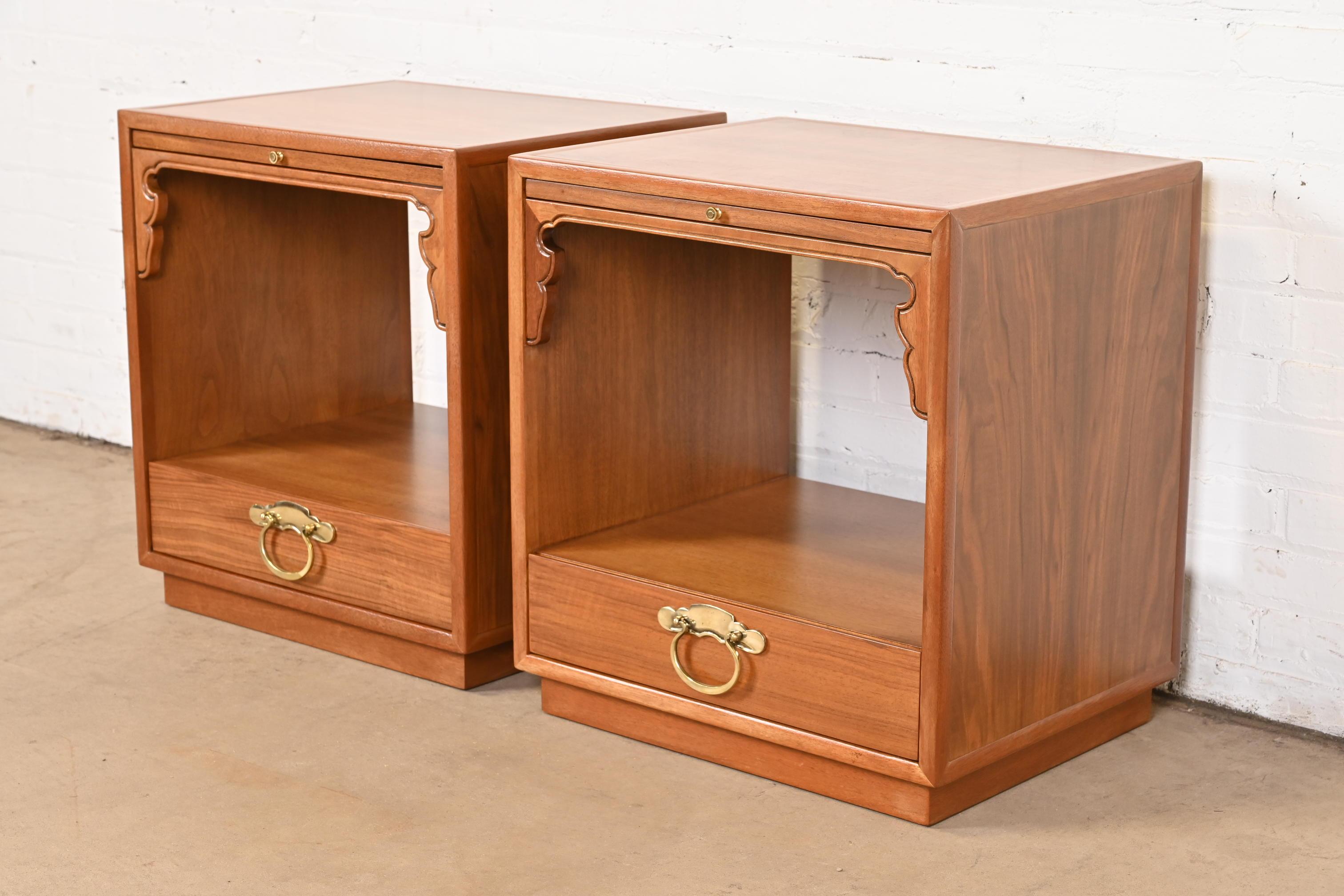 American John Widdicomb Mid-Century Chinoiserie Burled Walnut Nightstands, Refinished For Sale