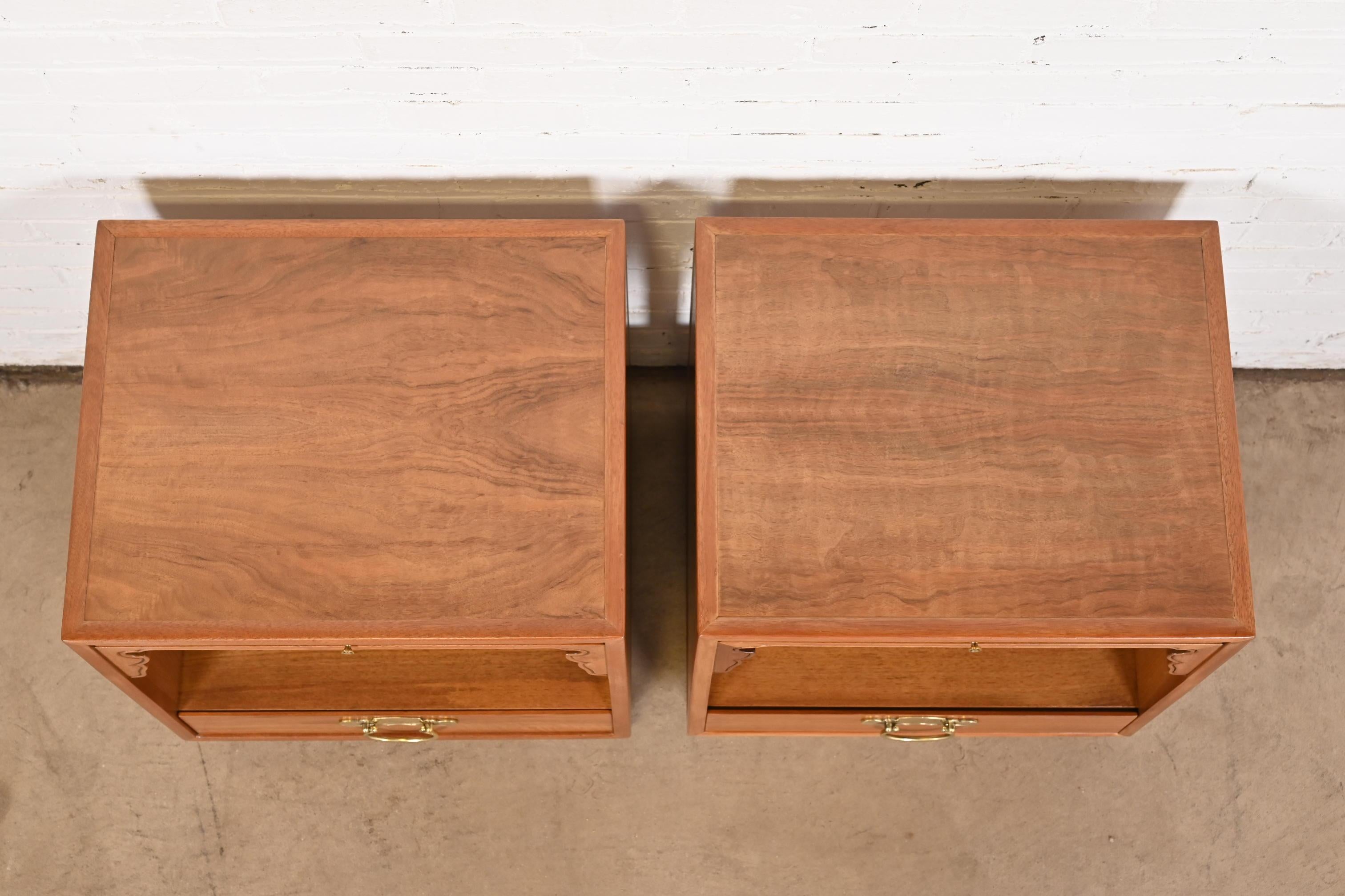 Brass John Widdicomb Mid-Century Chinoiserie Burled Walnut Nightstands, Refinished For Sale