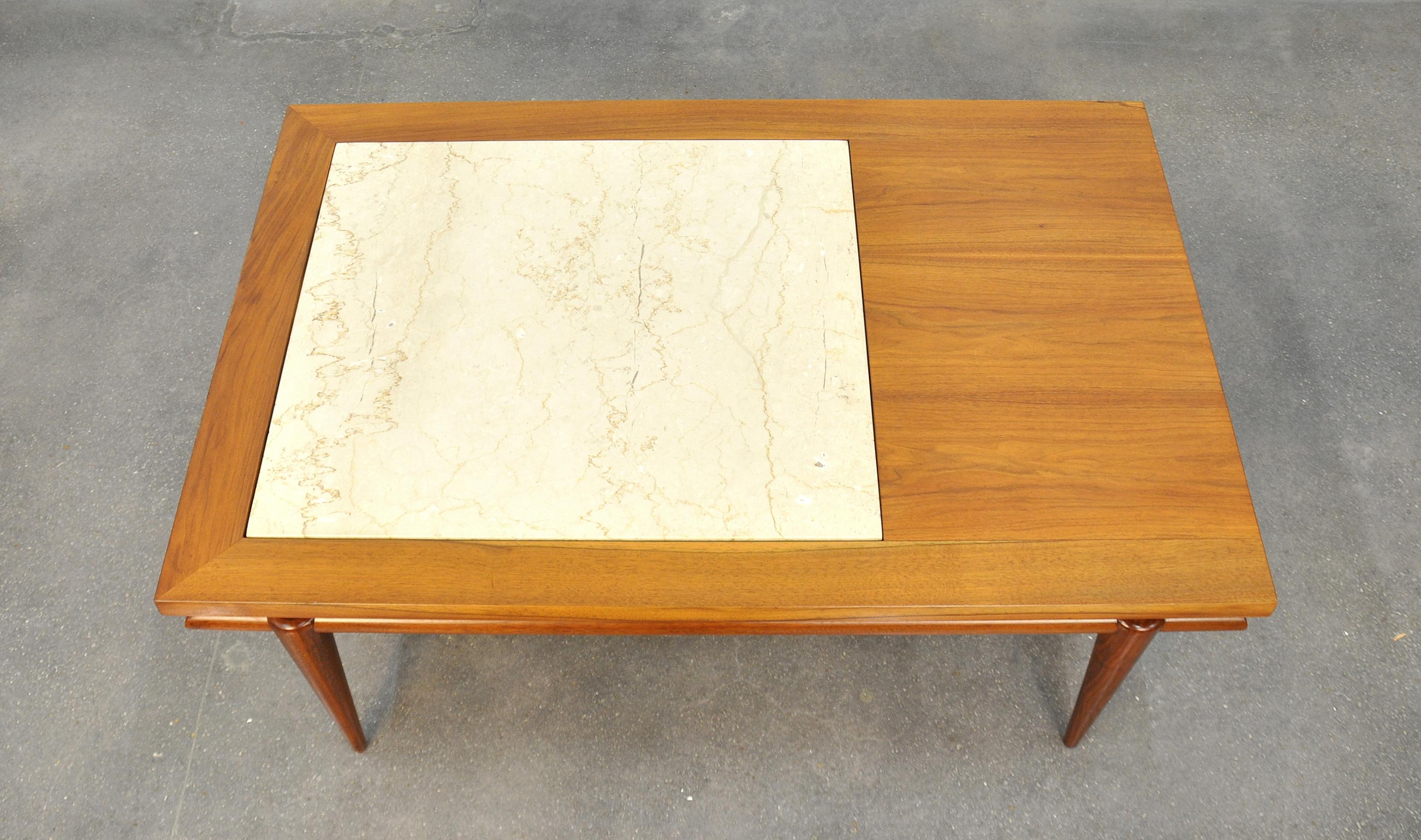 Widdicomb Walnut, White Marble and Cane Coffee and Side Tables In Good Condition In Miami, FL