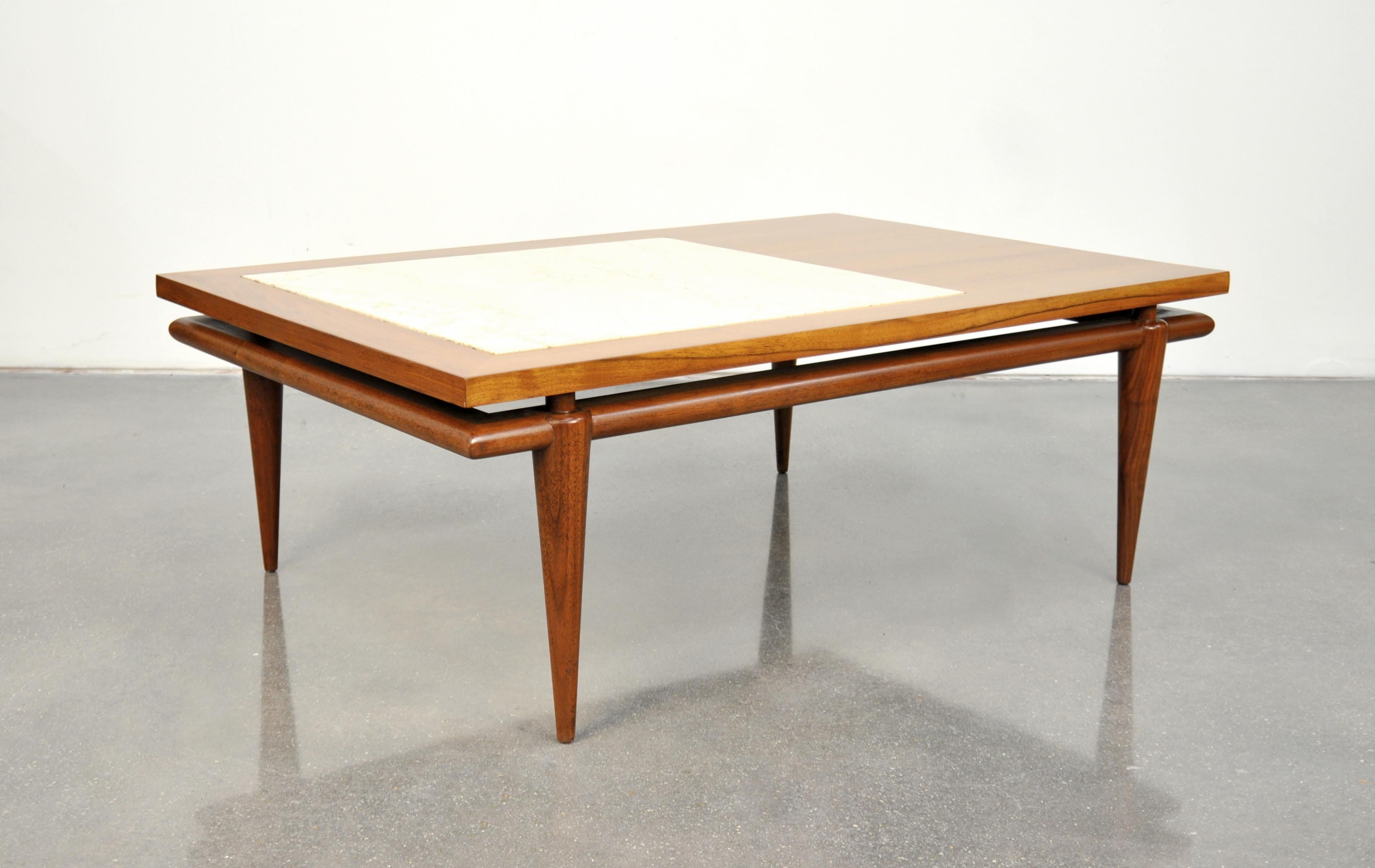 Mid-20th Century Widdicomb Walnut, White Marble and Cane Coffee and Side Tables