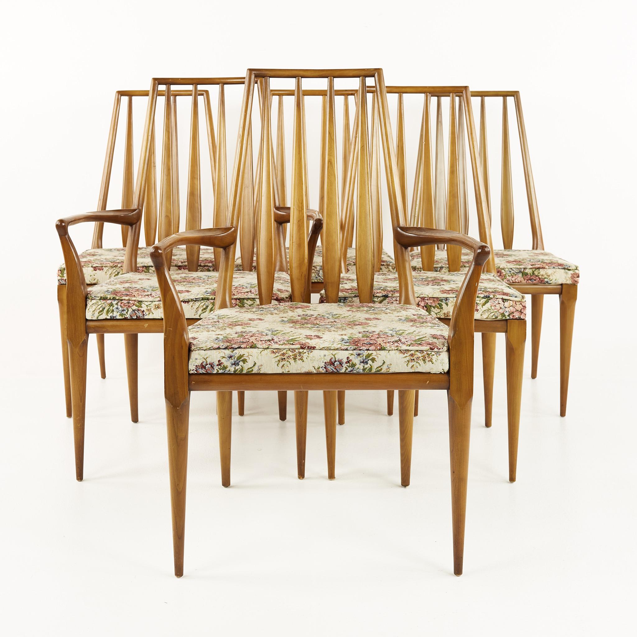 John Widdicomb mid century dining chairs - Set of 6

Each chair measures: 19 wide x 17.5 deep x 37.5 high, with a seat height of 17.5 inches
Captains chairs measure: 23 Wide x 19.5 deep x 37.5 high, with a seat height of 17.5 inches and arm