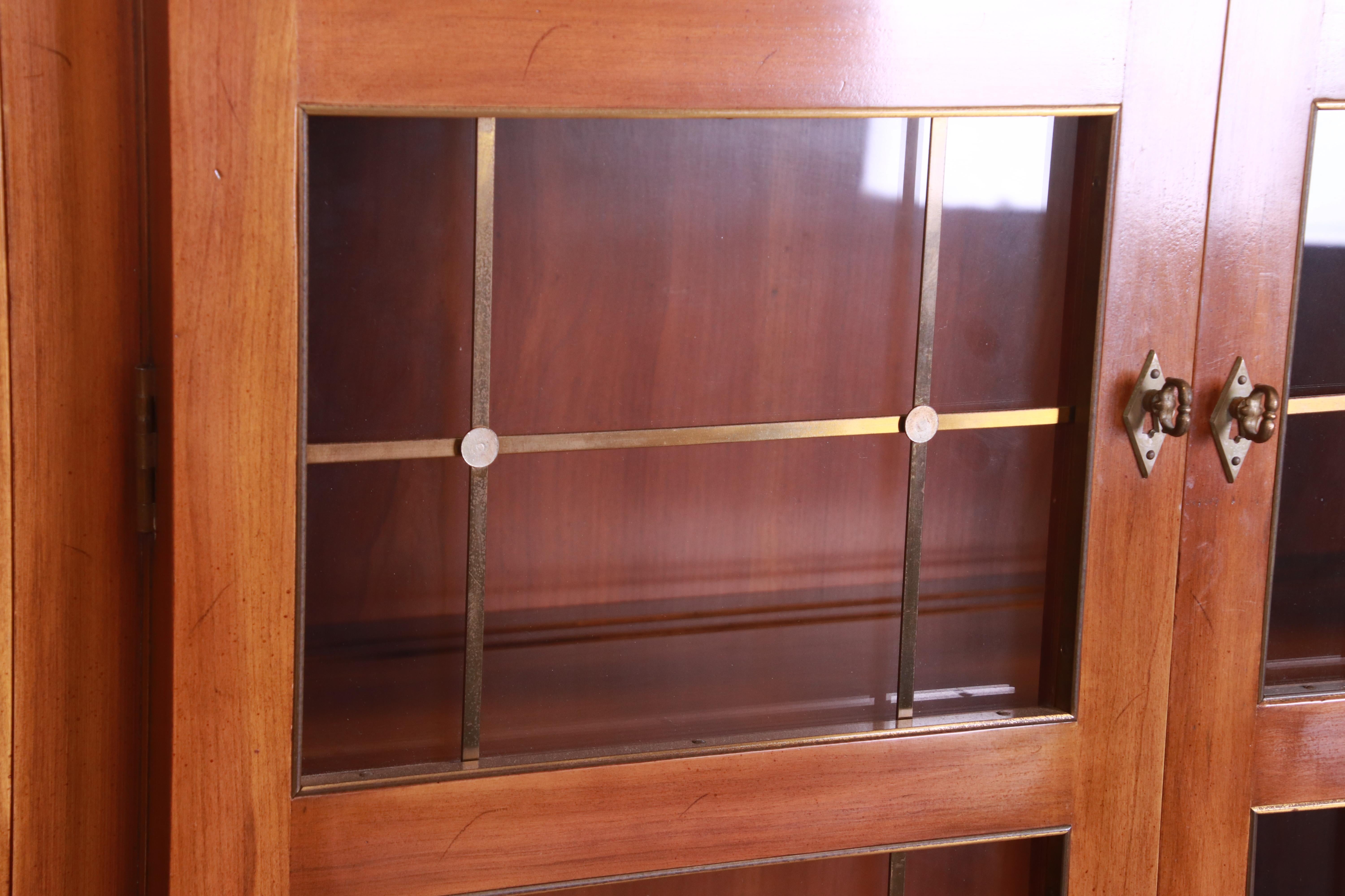 Brass John Widdicomb Mid-Century French Regency Cherry Breakfront Bookcase Cabinet
