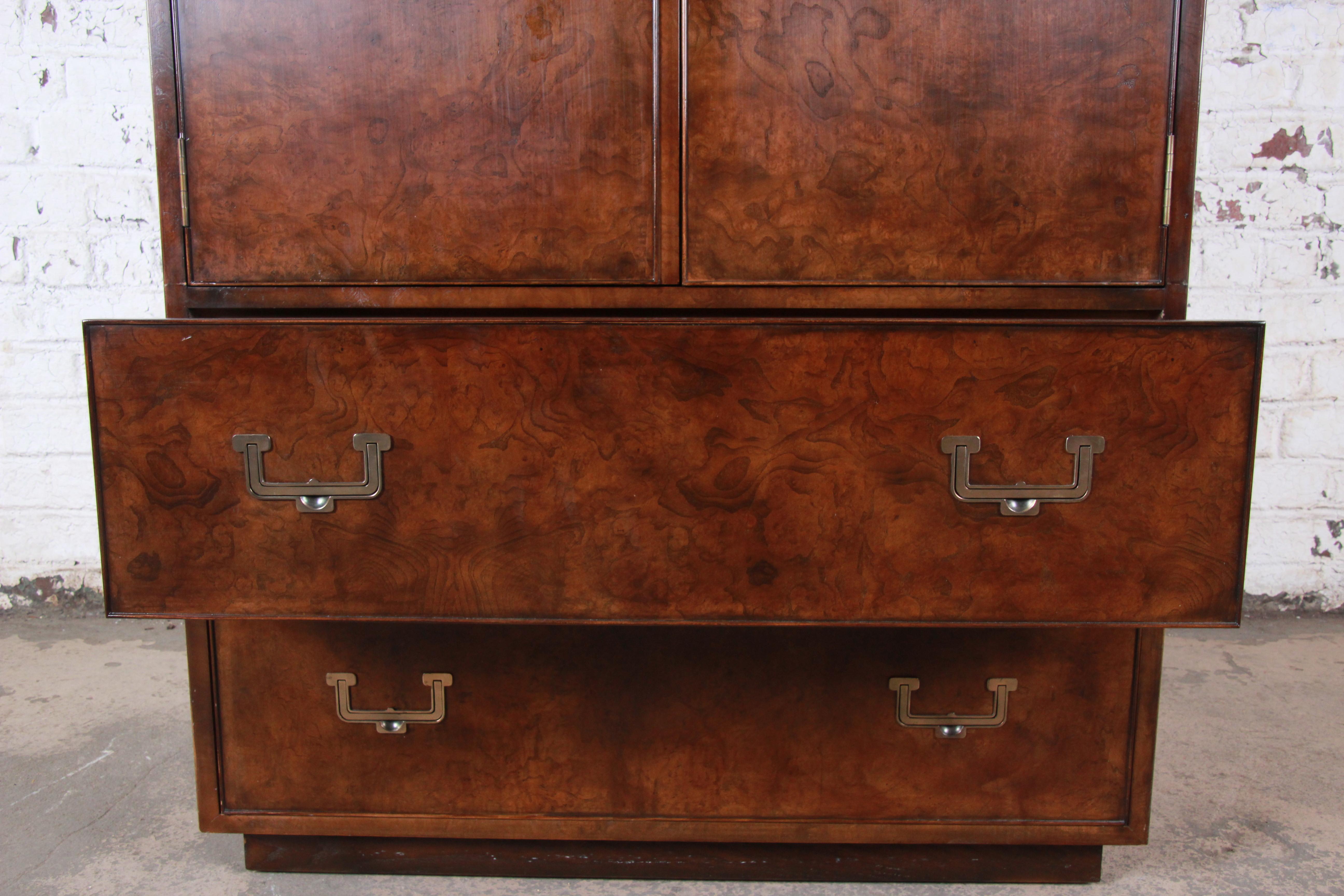 John Widdicomb Mid-Century Hollywood Regency Campaign Burl Wood Armoire Dresser In Good Condition In South Bend, IN