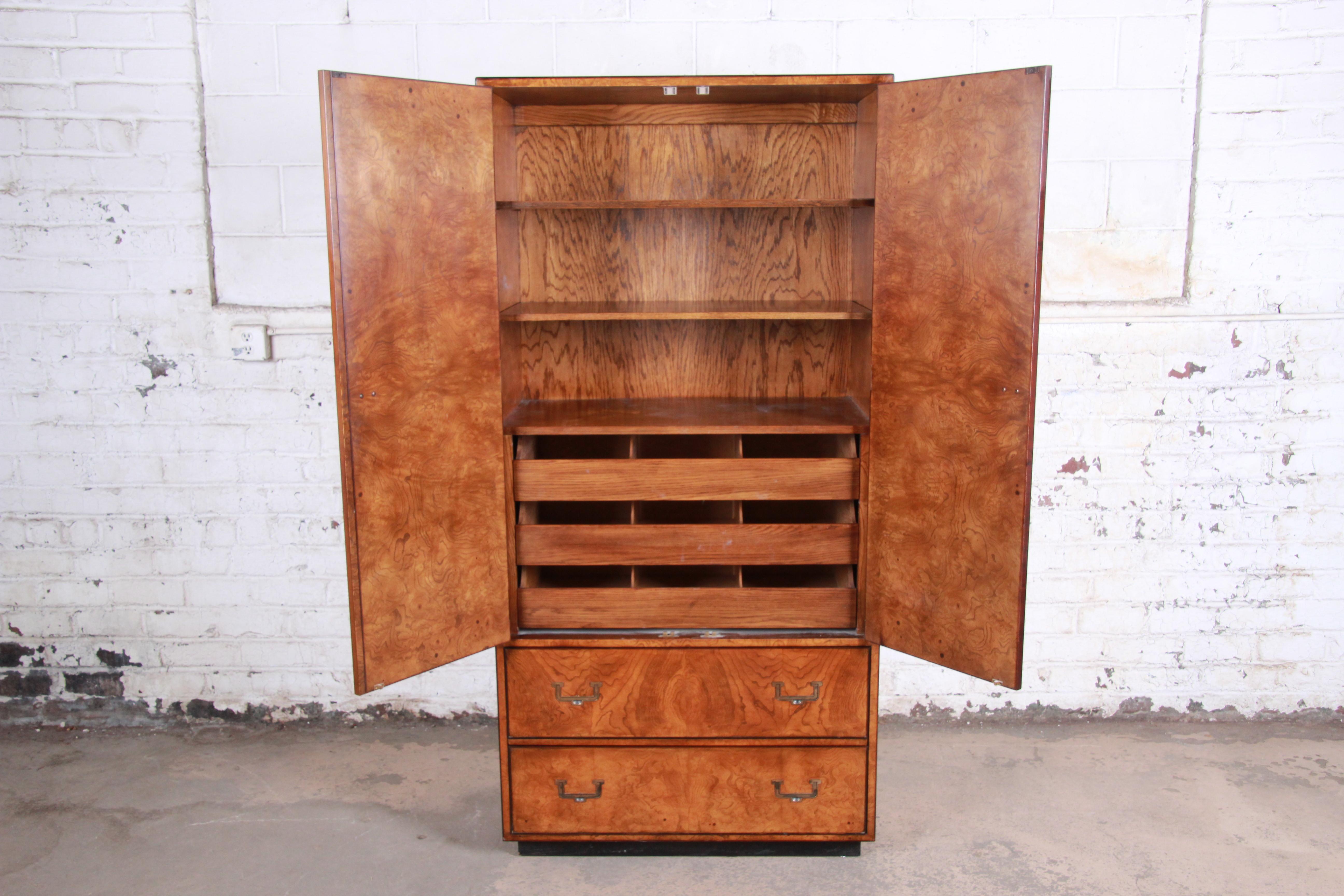 John Widdicomb Midcentury Hollywood Regency Campaign Burl Wood Armoire Dresser In Good Condition In South Bend, IN