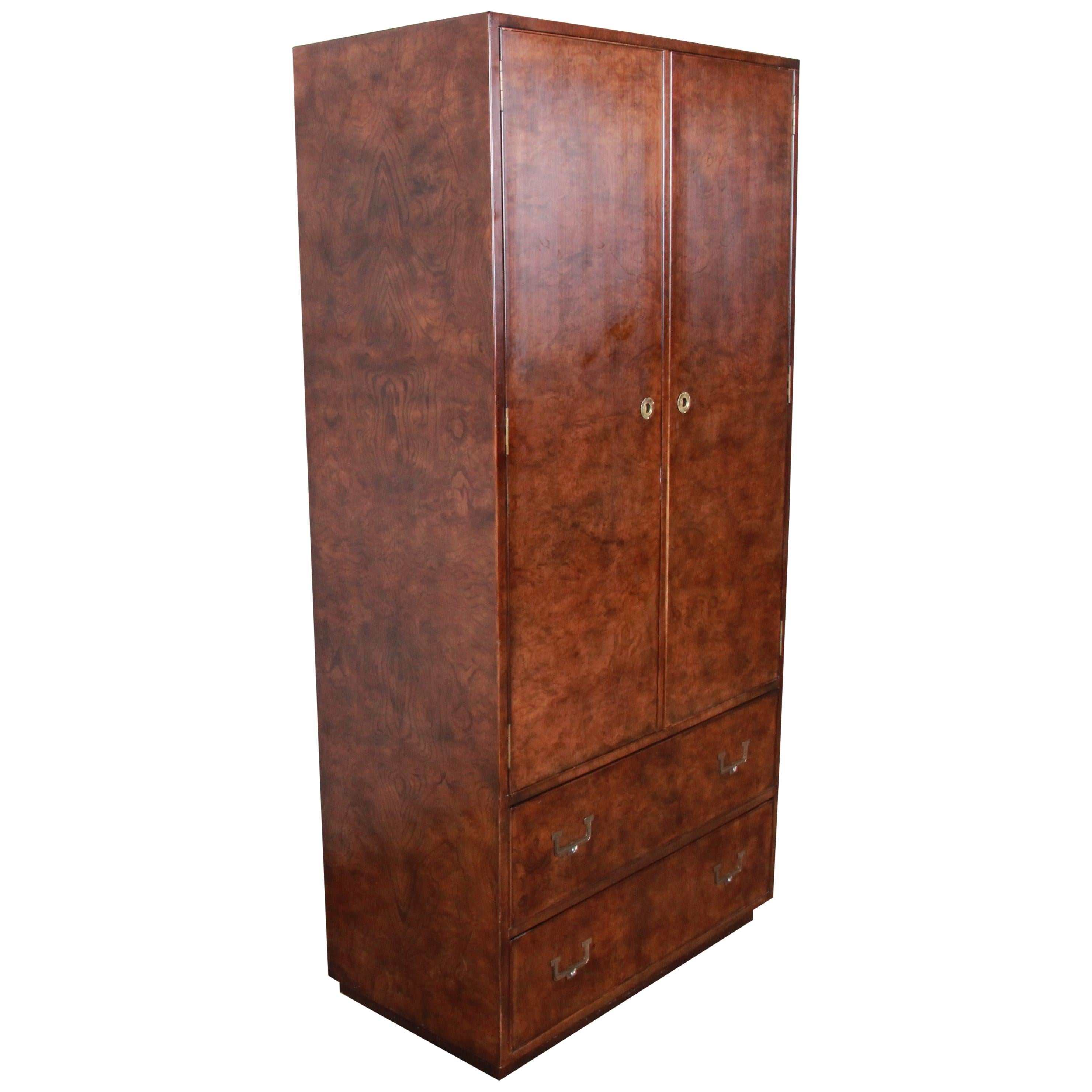 John Widdicomb Mid-Century Hollywood Regency Campaign Burl Wood Armoire Dresser