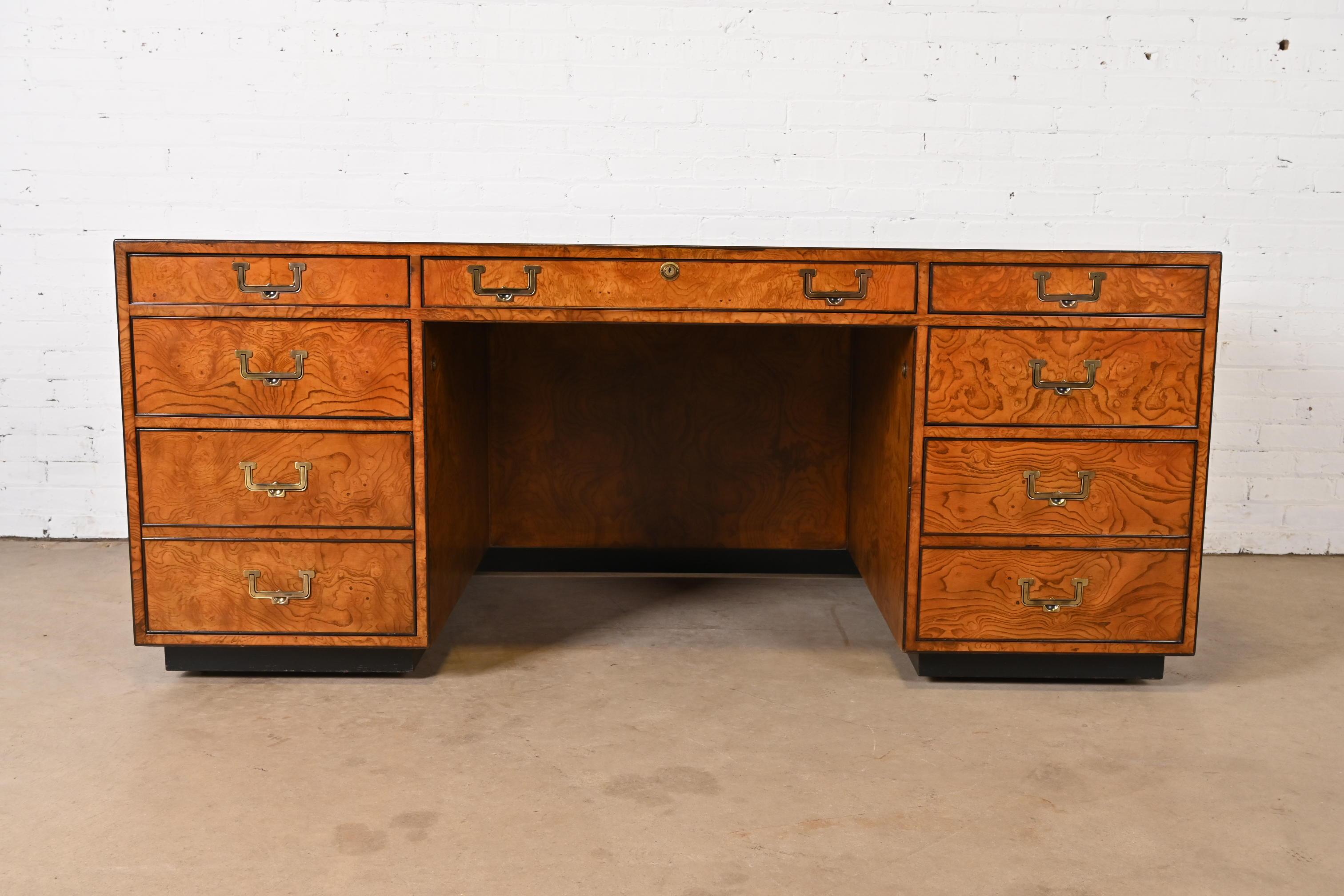 Mid-Century Modern John Widdicomb Mid-Century Hollywood Regency Campaign Burl Wood Executive Desk For Sale