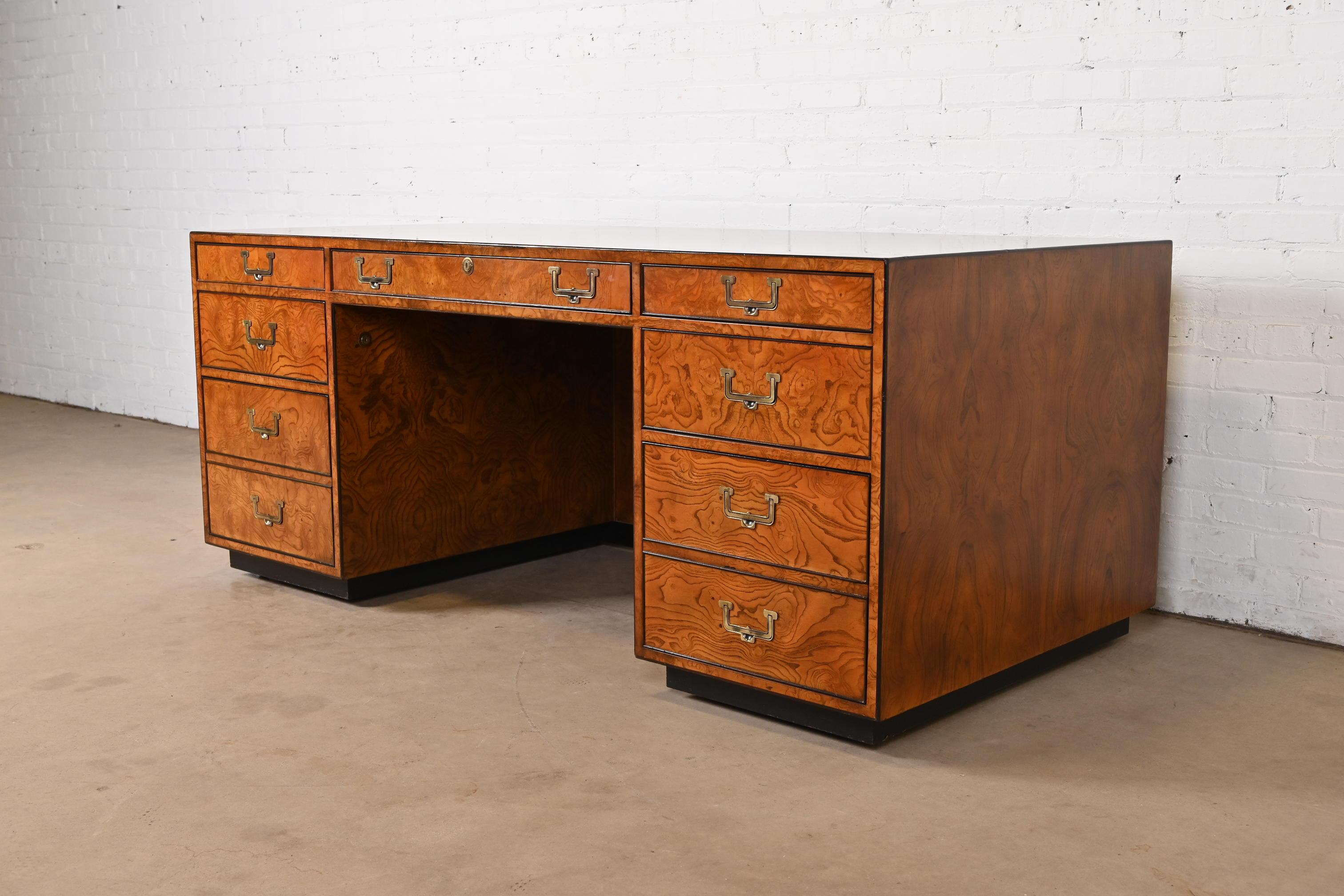 John Widdicomb Mid-Century Hollywood Regency Campaign Burl Wood Executive Desk In Good Condition In South Bend, IN