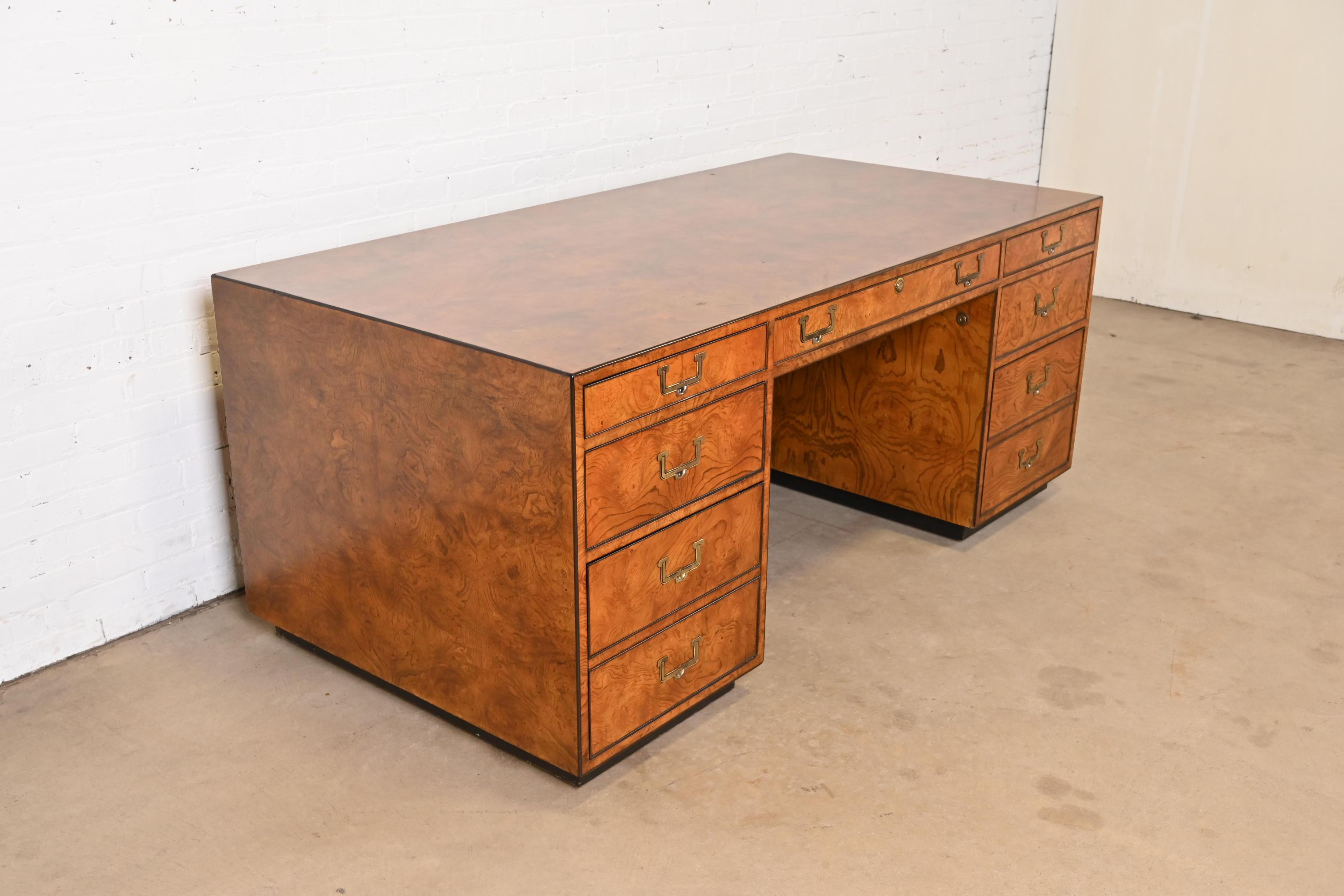 John Widdicomb Mid-Century Hollywood Regency Campaign Burl Wood Executive Desk In Good Condition In South Bend, IN
