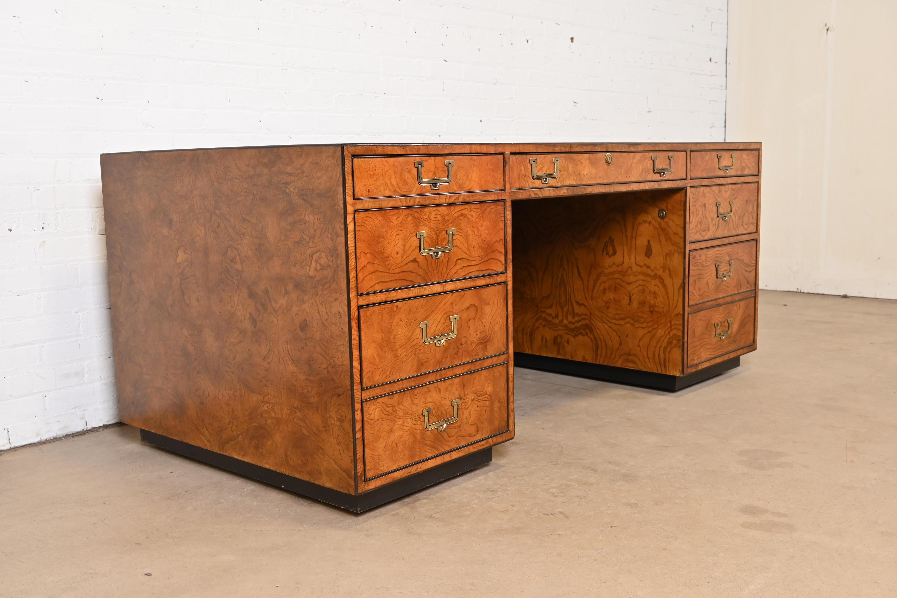 Brass John Widdicomb Mid-Century Hollywood Regency Campaign Burl Wood Executive Desk For Sale