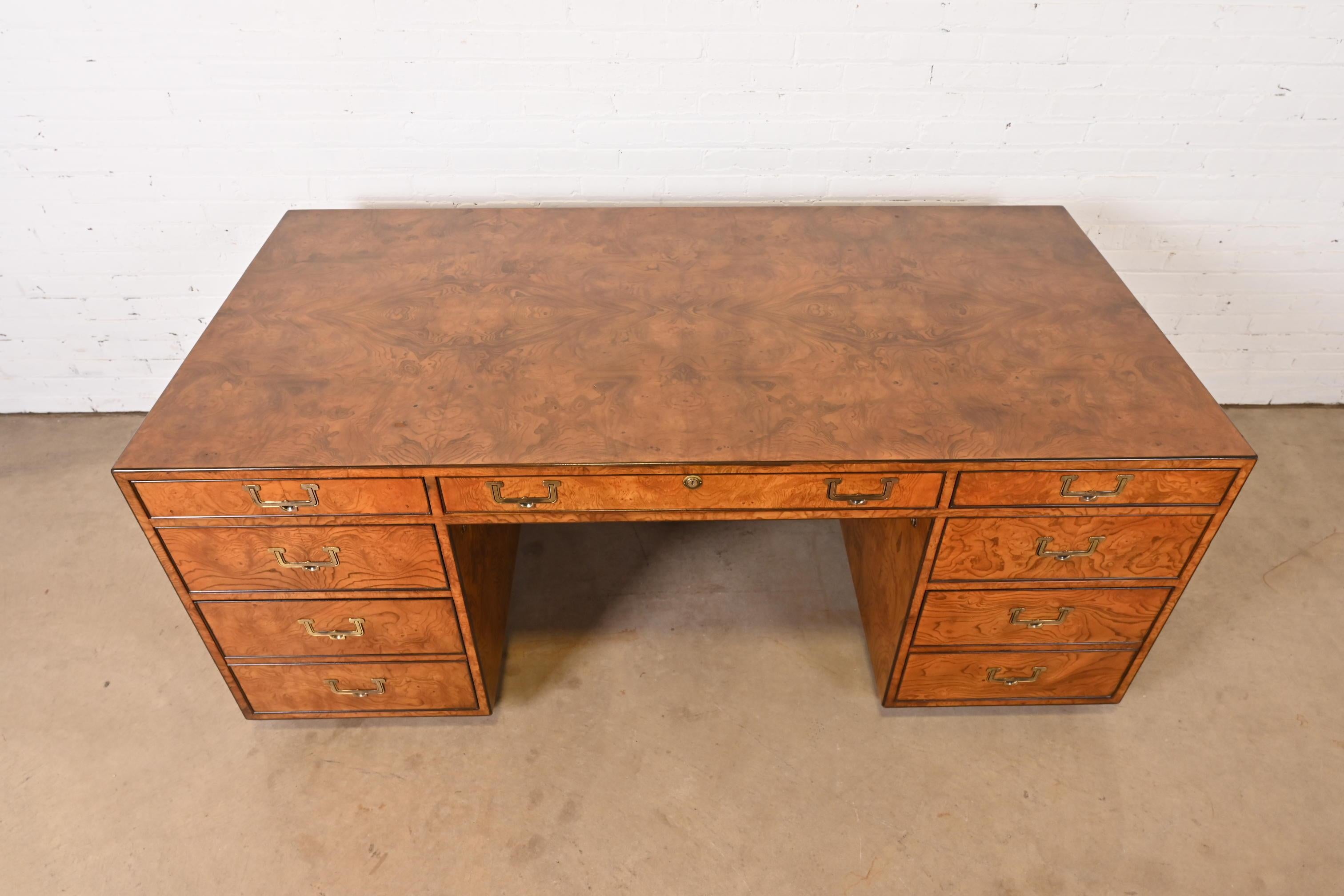 Brass John Widdicomb Mid-Century Hollywood Regency Campaign Burl Wood Executive Desk