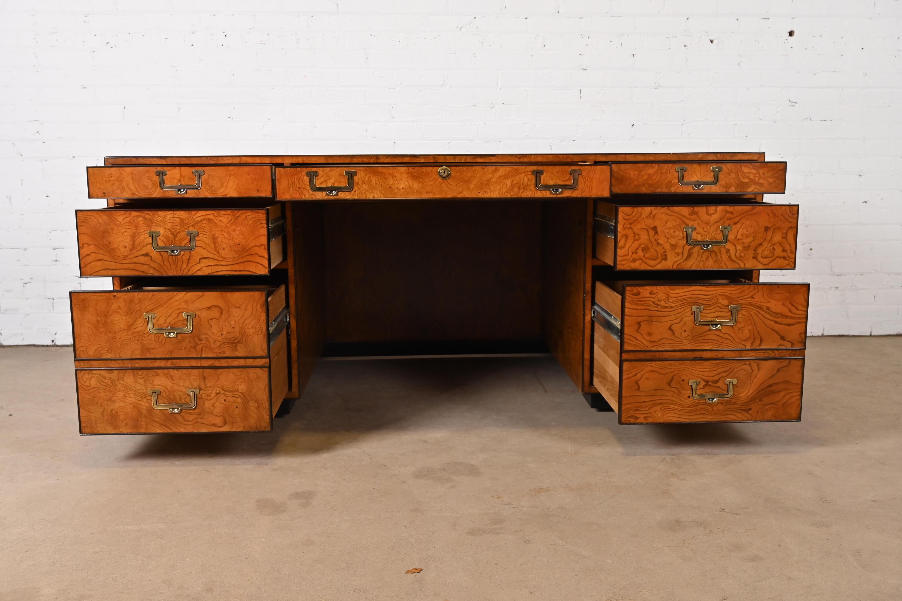 John Widdicomb Mid-Century Hollywood Regency Campaign Burl Wood Executive Desk 1