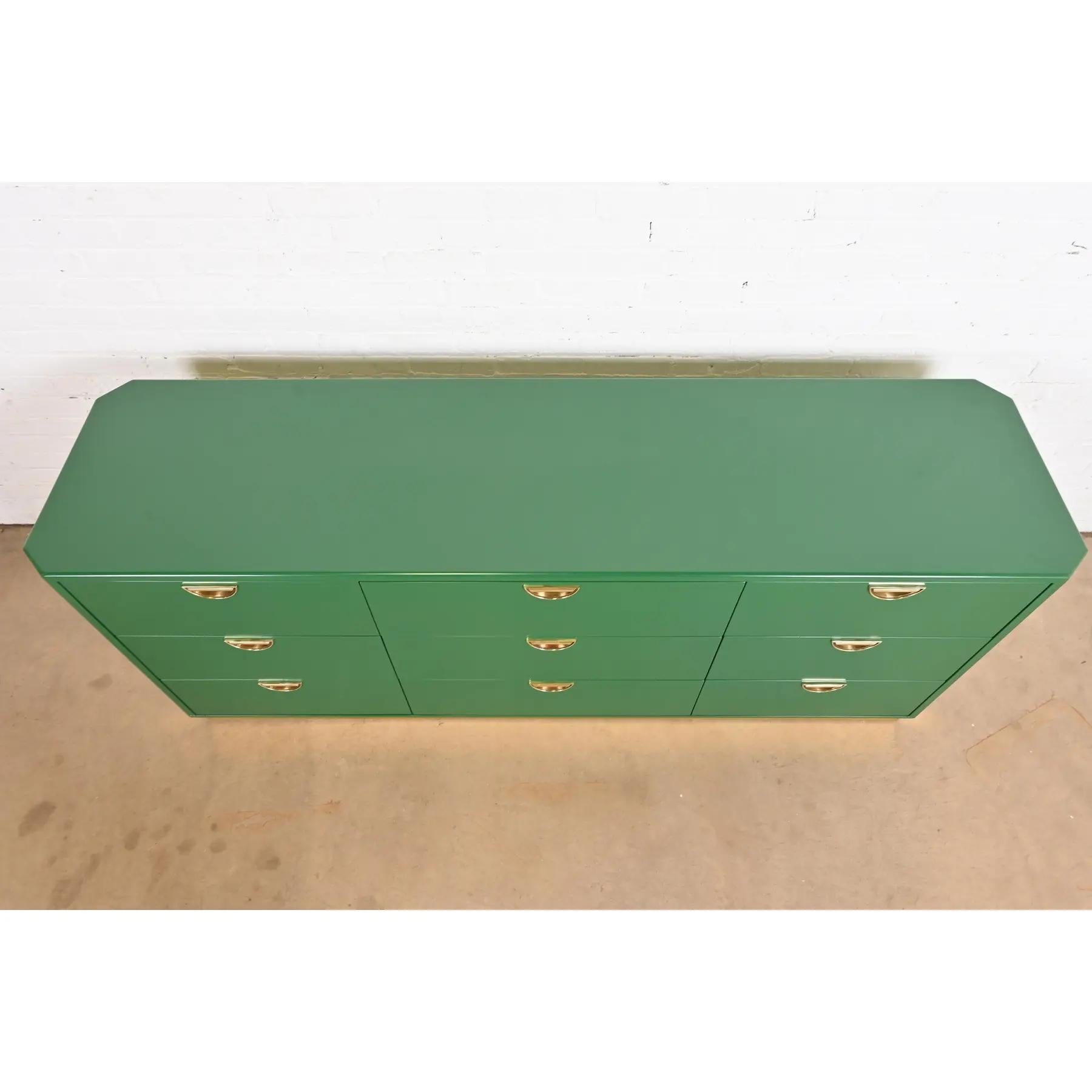John Widdicomb Mid-Century Hollywood Regency Campaign Green Dresser, Refinished For Sale 4