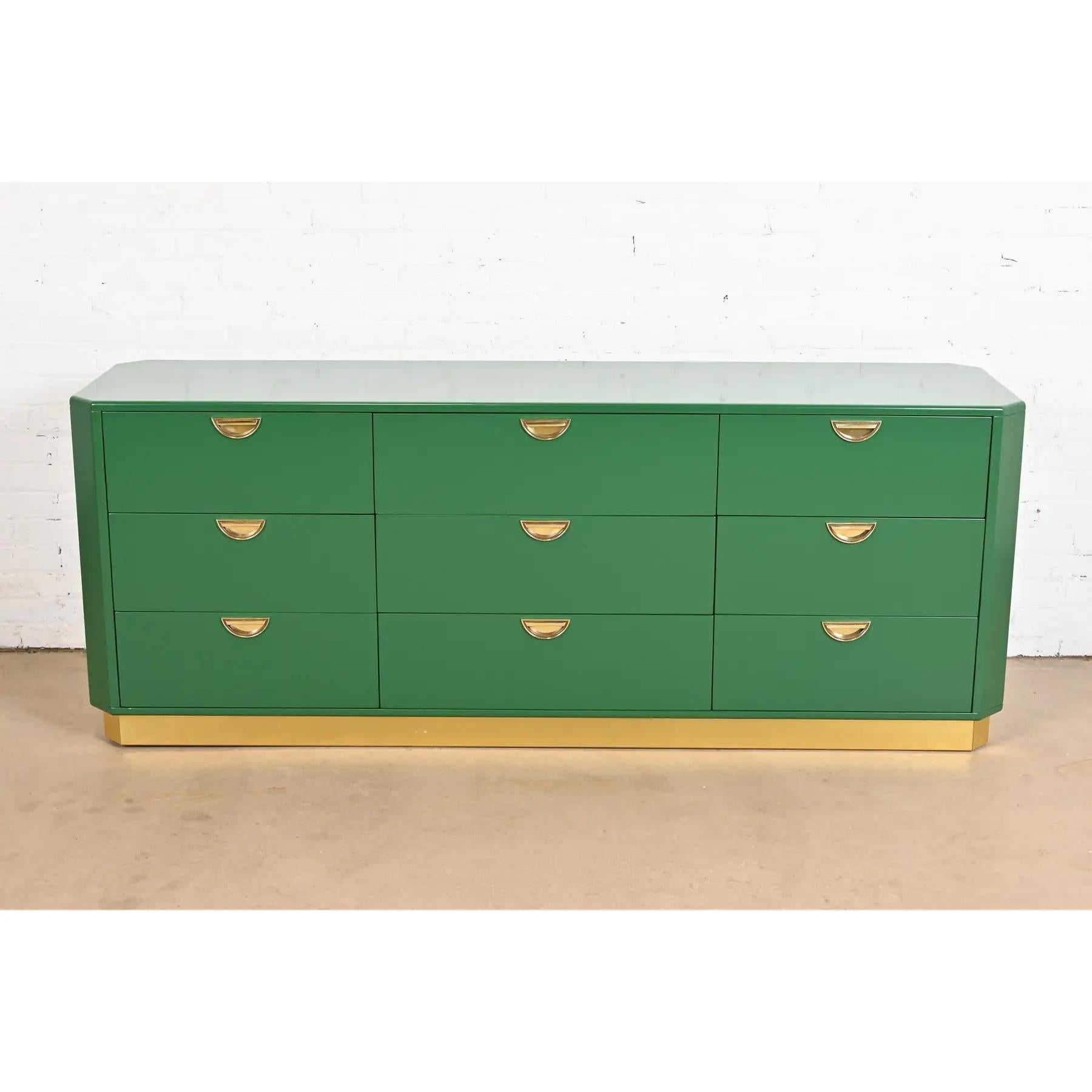 John Widdicomb Mid-Century Hollywood Regency Campaign Green Dresser, Refinished In Good Condition For Sale In South Bend, IN