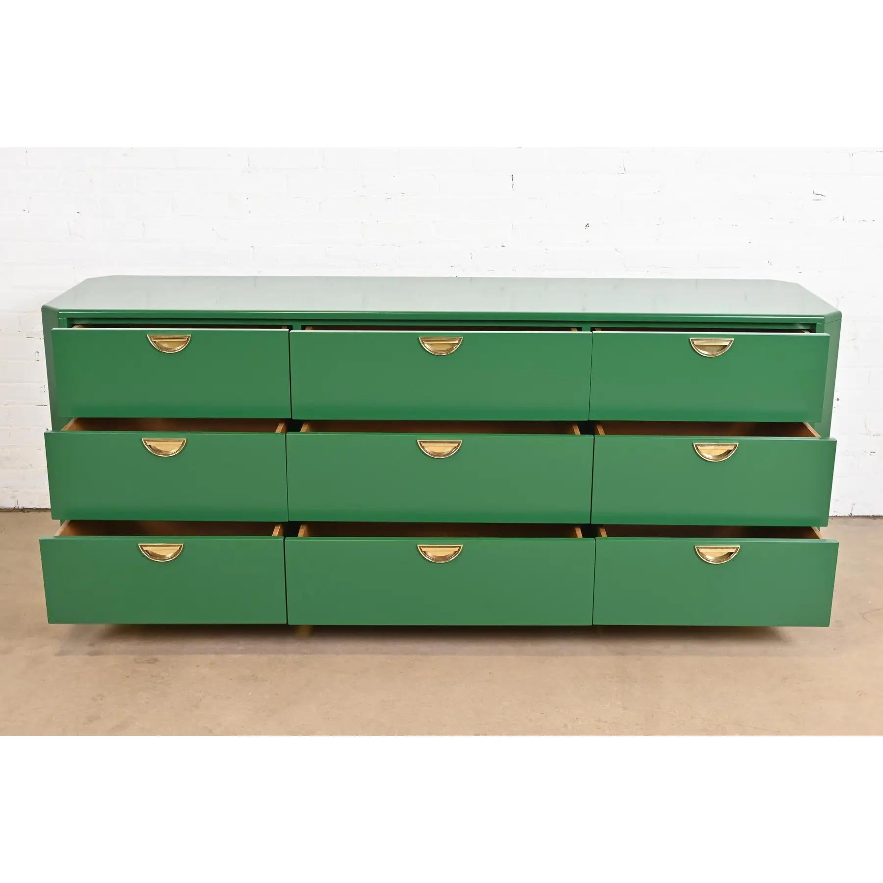 Brass John Widdicomb Mid-Century Hollywood Regency Campaign Green Dresser, Refinished For Sale