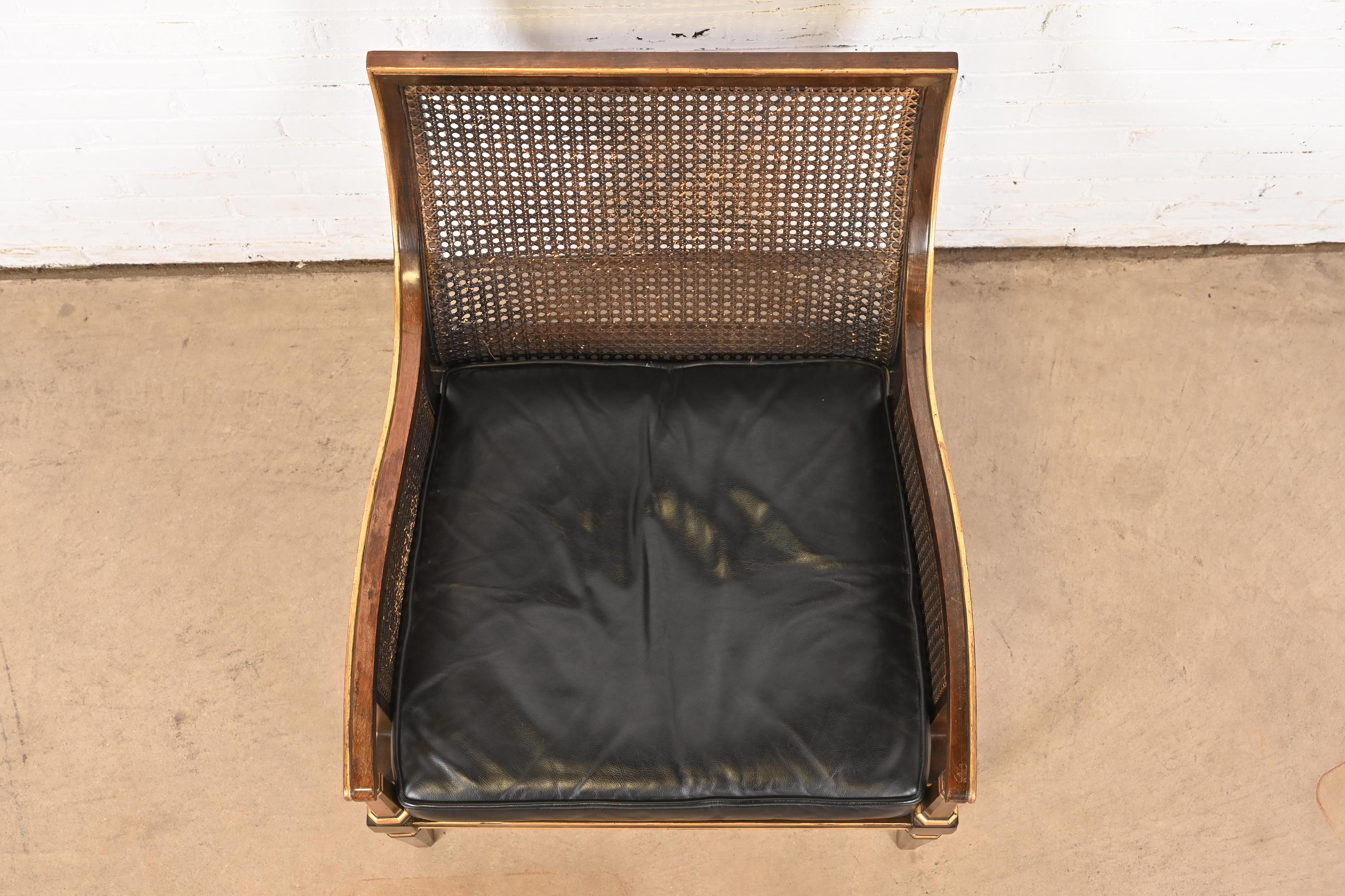 Faux Leather John Widdicomb Mid-Century Hollywood Regency Maple and Cane Parcel Gilt Armchair For Sale