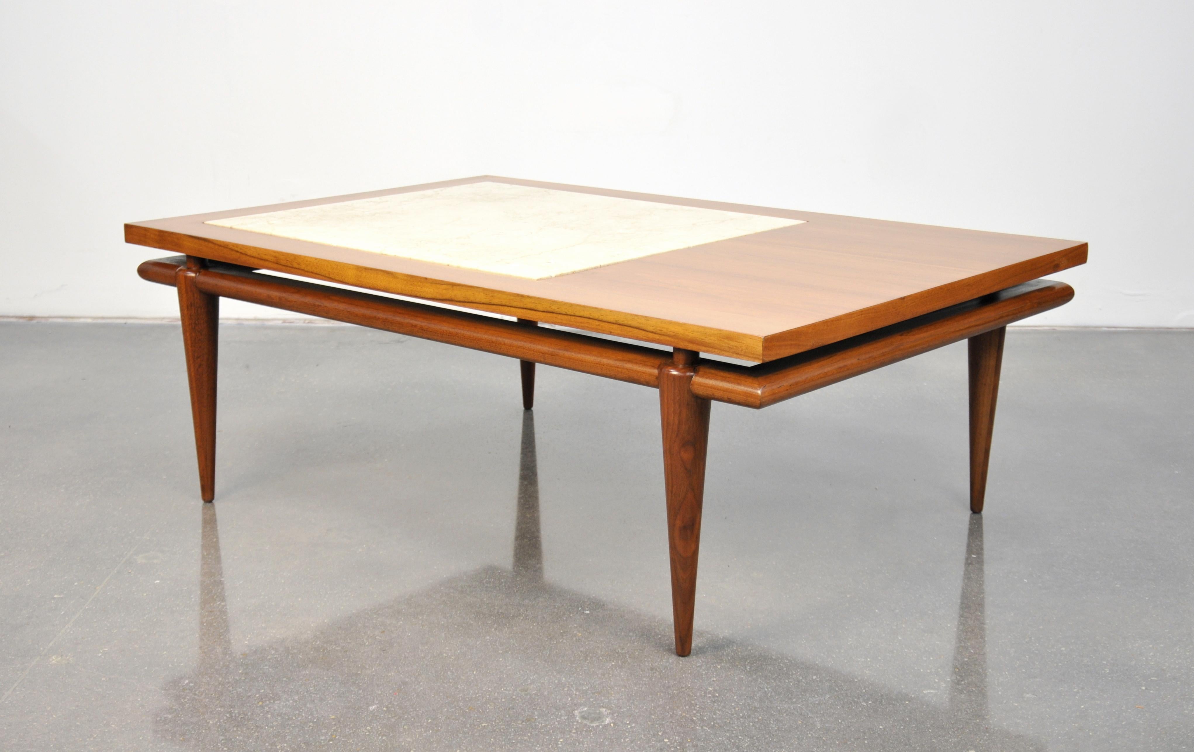 Marble Widdicomb Walnut and Travertine Coffee Table with Floating Top, 1960s