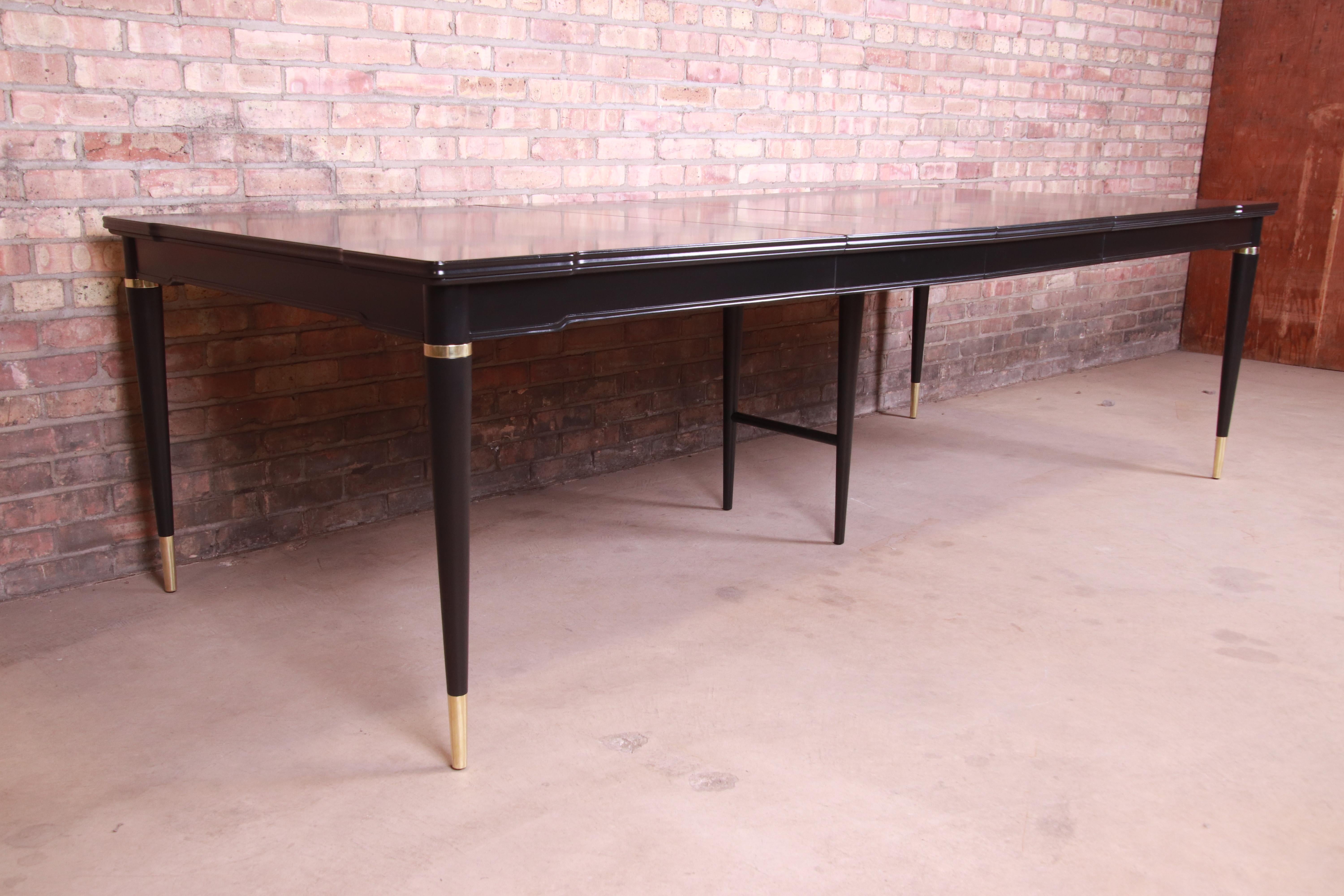 Brass John Widdicomb Mid-Century Modern Black Lacquered Dining Table, Newly Refinished