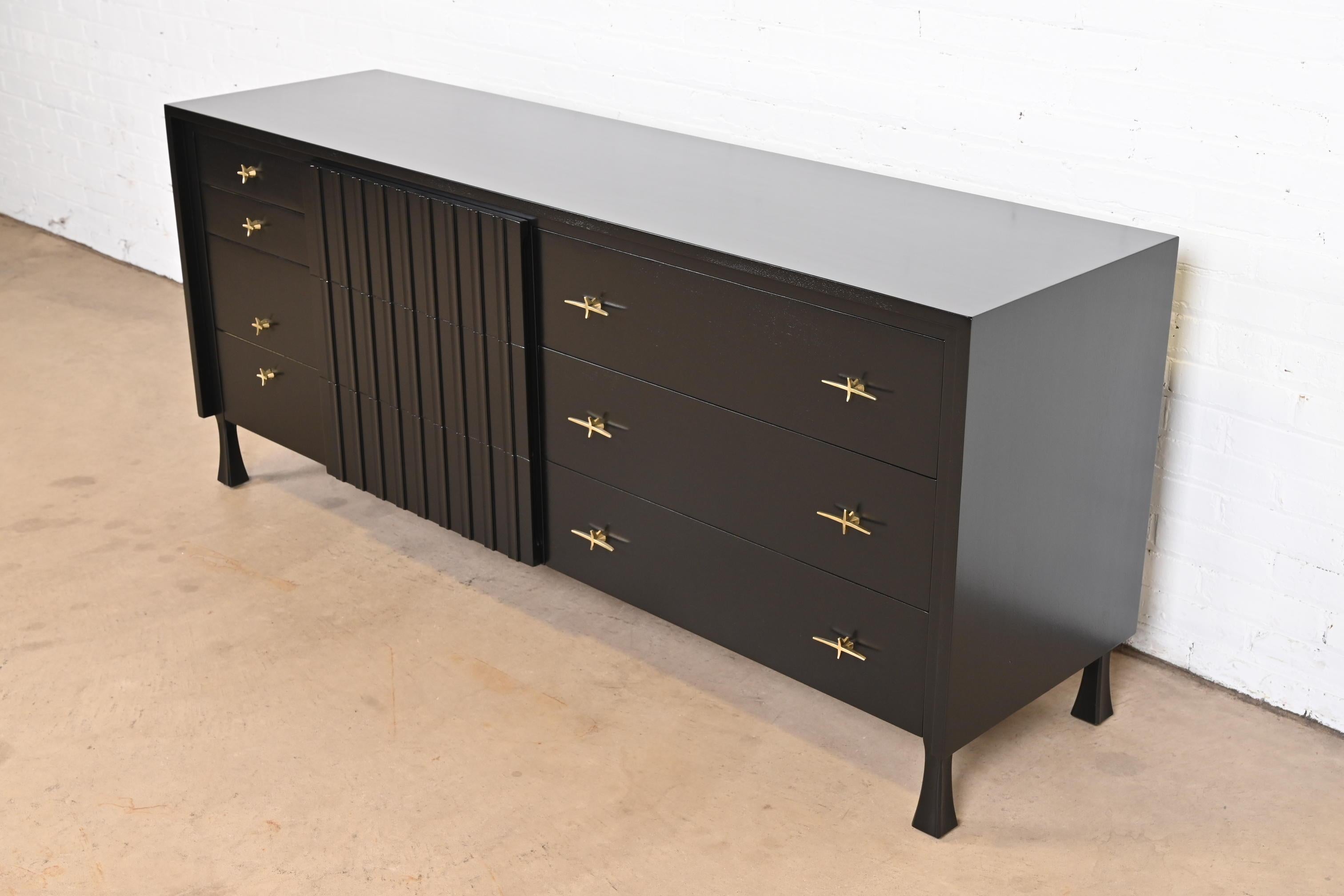 American John Widdicomb Mid-Century Modern Black Lacquered Dresser, Newly Refinished