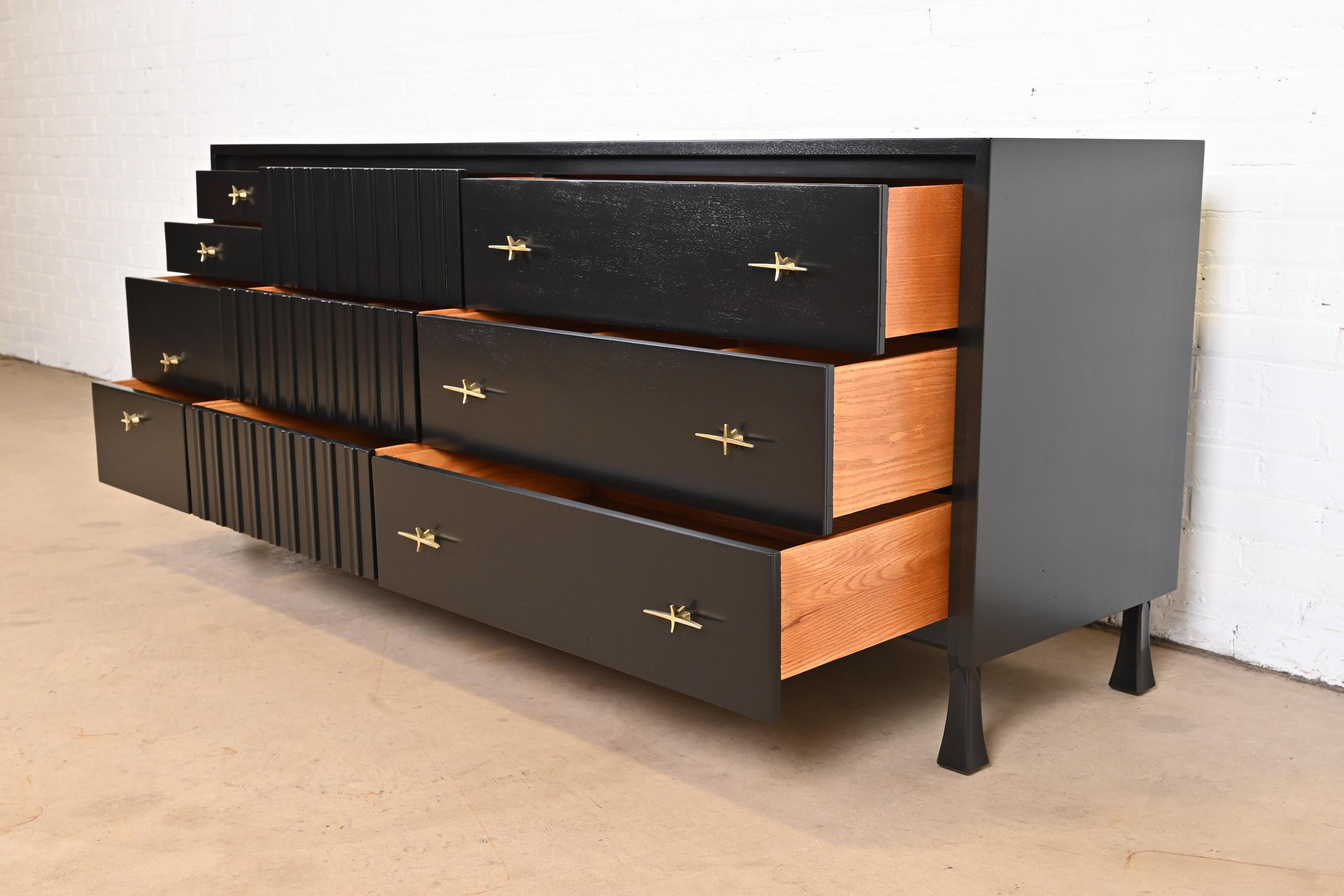 Brass John Widdicomb Mid-Century Modern Black Lacquered Dresser, Newly Refinished