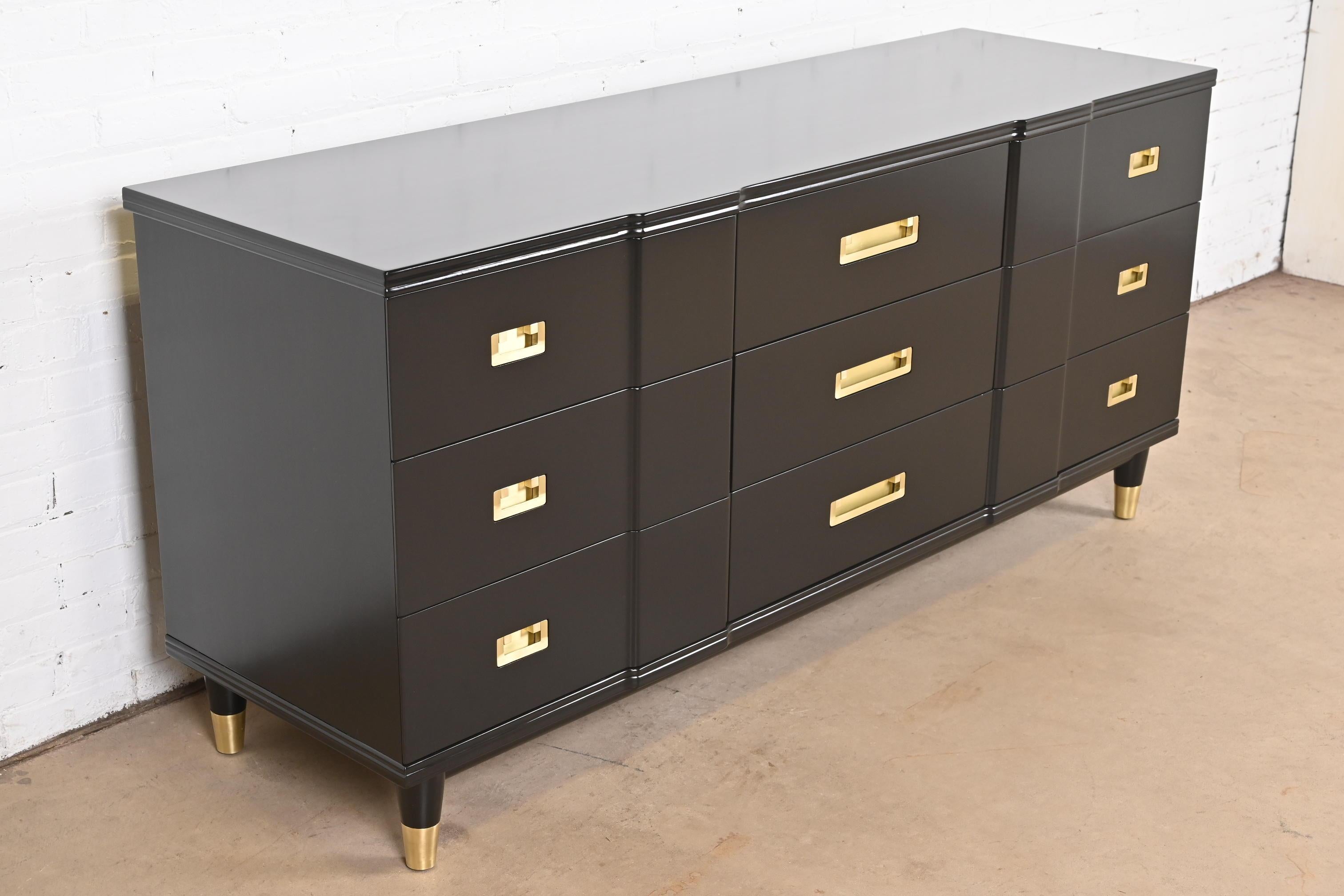 Brass John Widdicomb Mid-Century Modern Black Lacquered Dresser, Newly Refinished For Sale