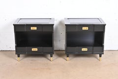 John Widdicomb Mid-Century Modern Black Lacquered Nightstands, Newly Refinished