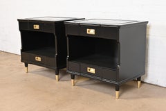 John Widdicomb Mid-Century Modern Black Lacquered Nightstands, Newly Refinished
