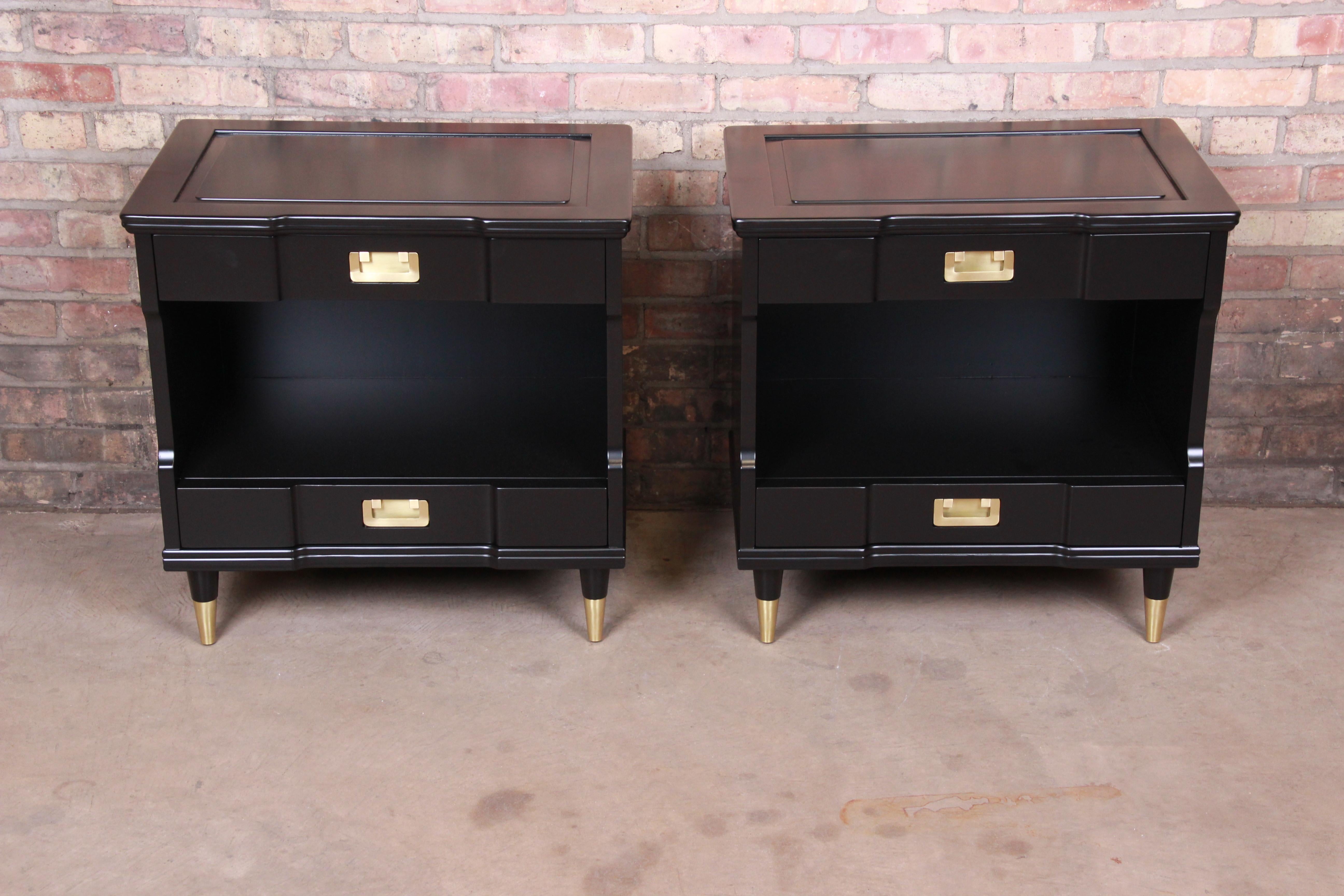 American John Widdicomb Mid-Century Modern Black Lacquered Nightstands, Newly Refinished