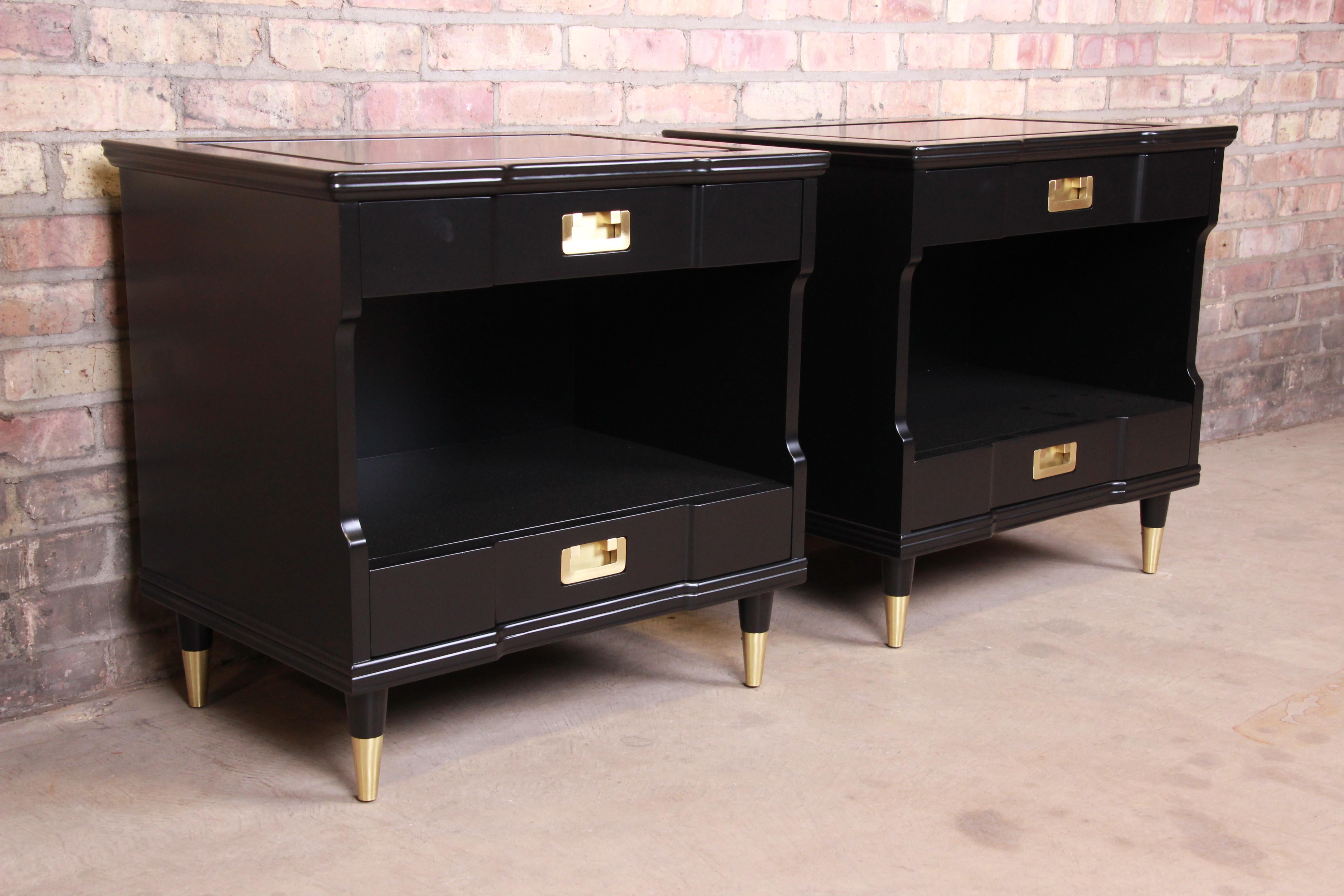 Brass John Widdicomb Mid-Century Modern Black Lacquered Nightstands, Newly Refinished
