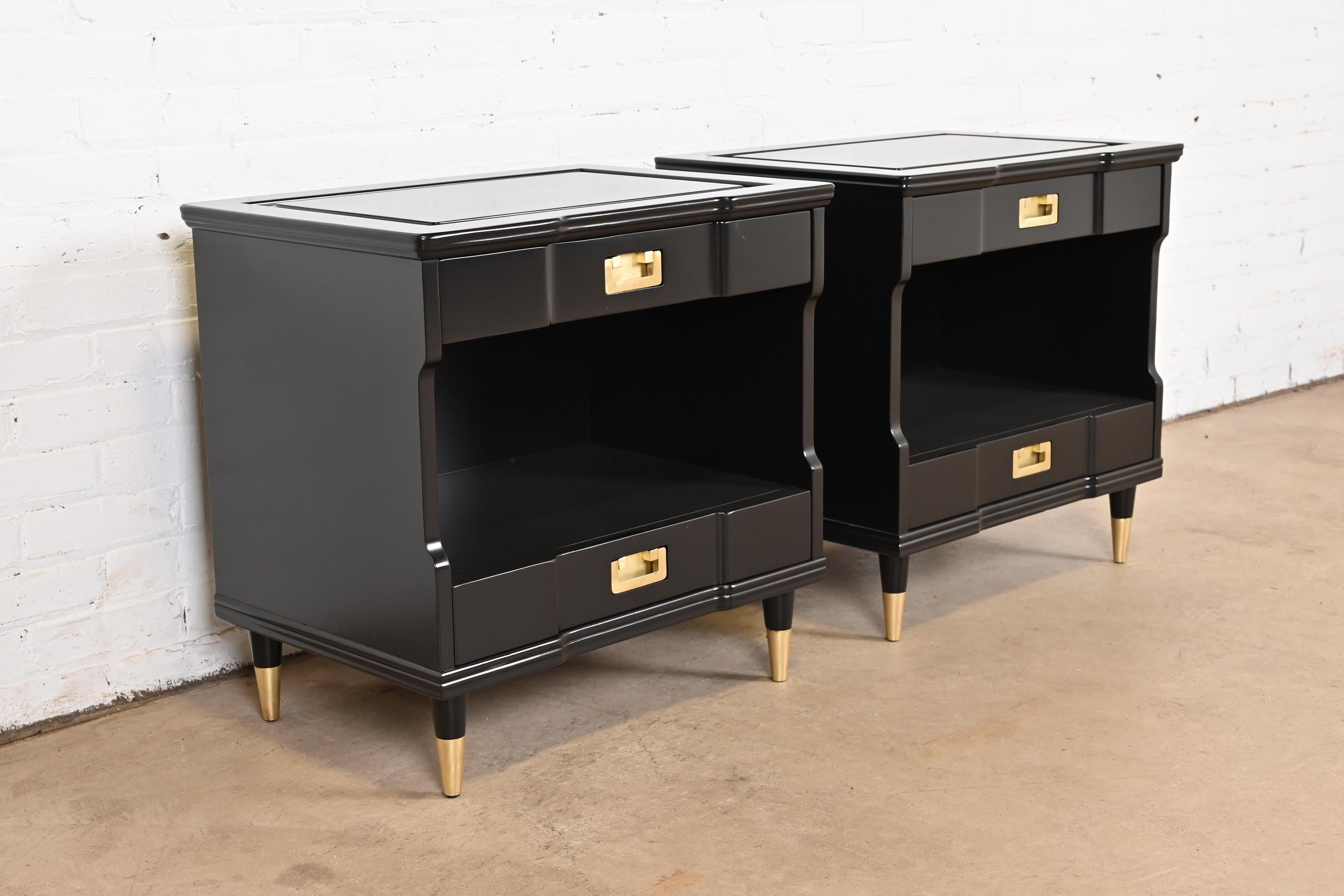 Brass John Widdicomb Mid-Century Modern Black Lacquered Nightstands, Newly Refinished For Sale