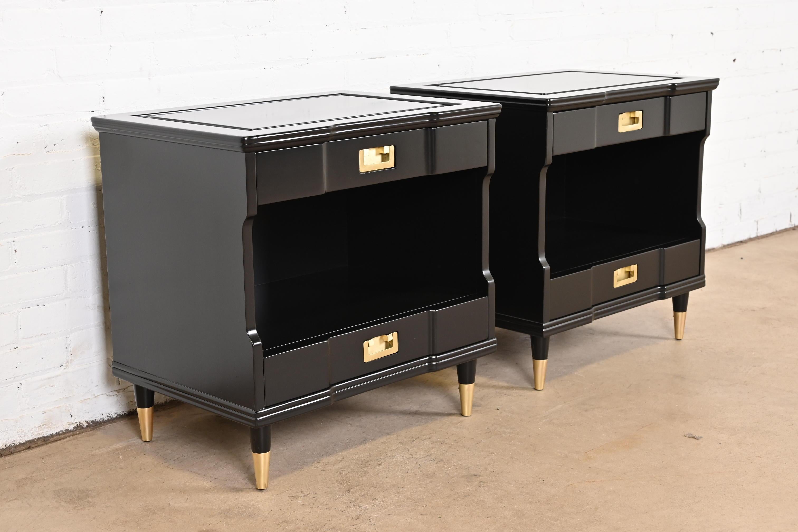 Brass John Widdicomb Mid-Century Modern Black Lacquered Nightstands, Newly Refinished For Sale
