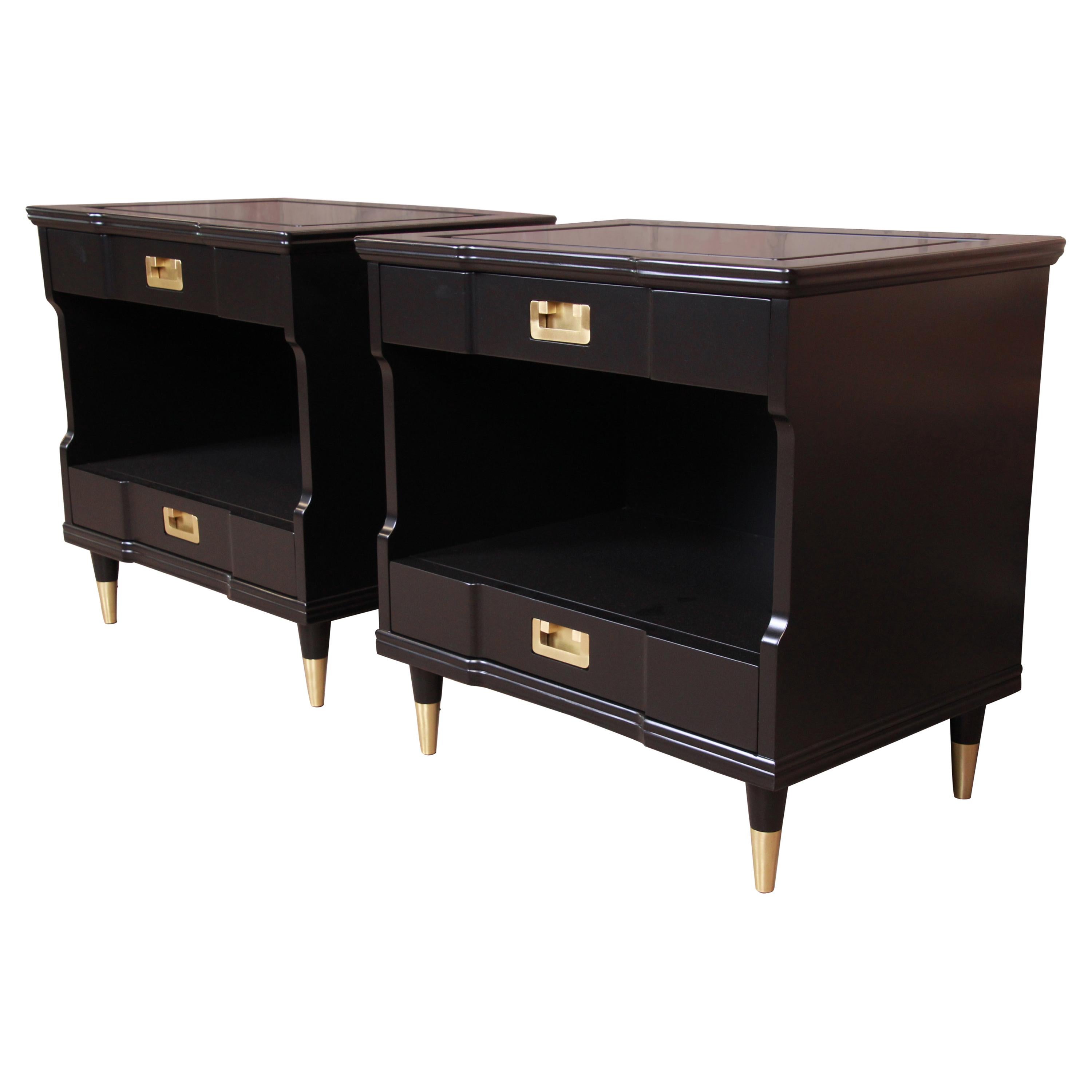 John Widdicomb Mid-Century Modern Black Lacquered Nightstands, Newly Refinished