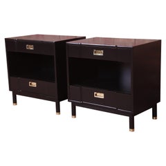 John Widdicomb Mid-Century Modern Black Lacquered Nightstands, Newly Refinished