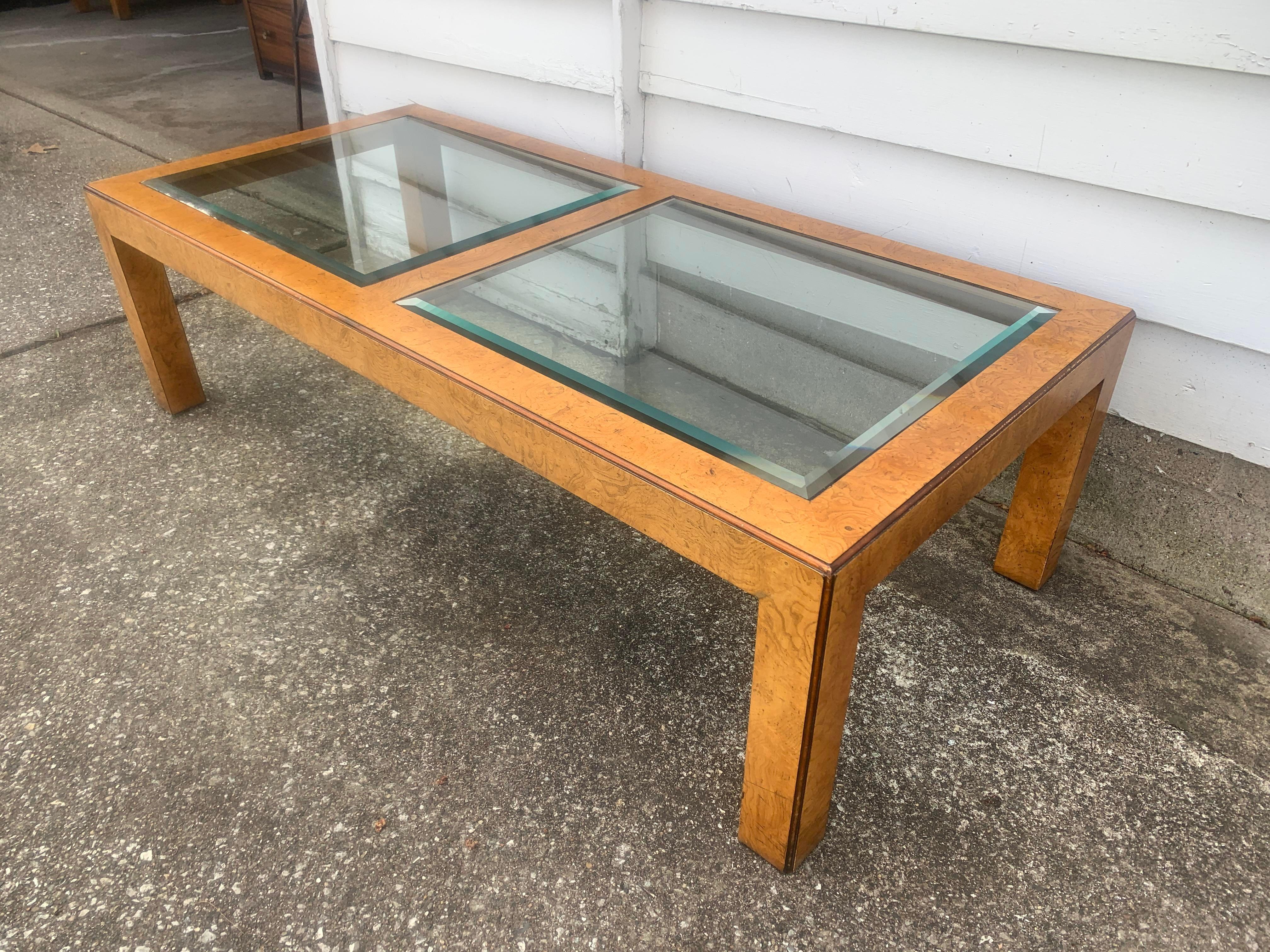 Hollywood Regency John Widdicomb Mid-Century Modern Burl Wood and Glass Cocktail Table