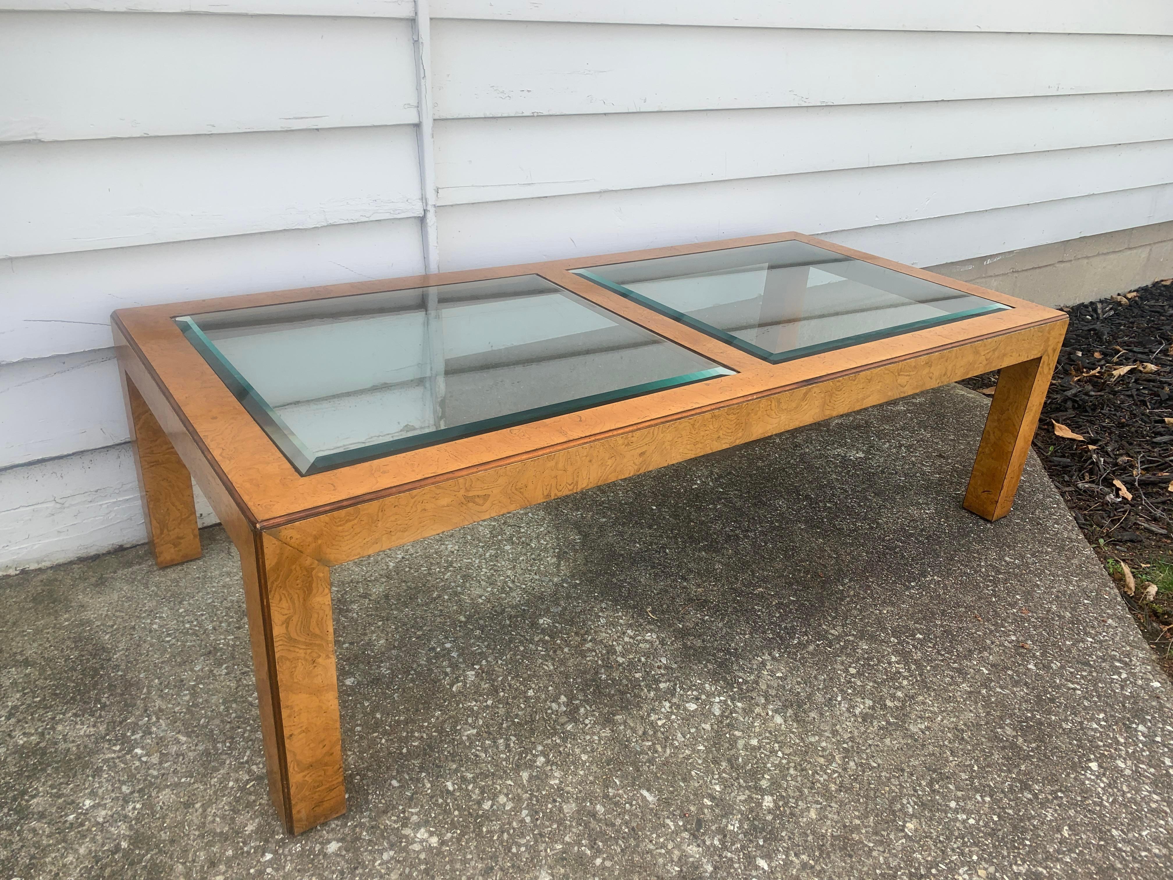 American John Widdicomb Mid-Century Modern Burl Wood and Glass Cocktail Table
