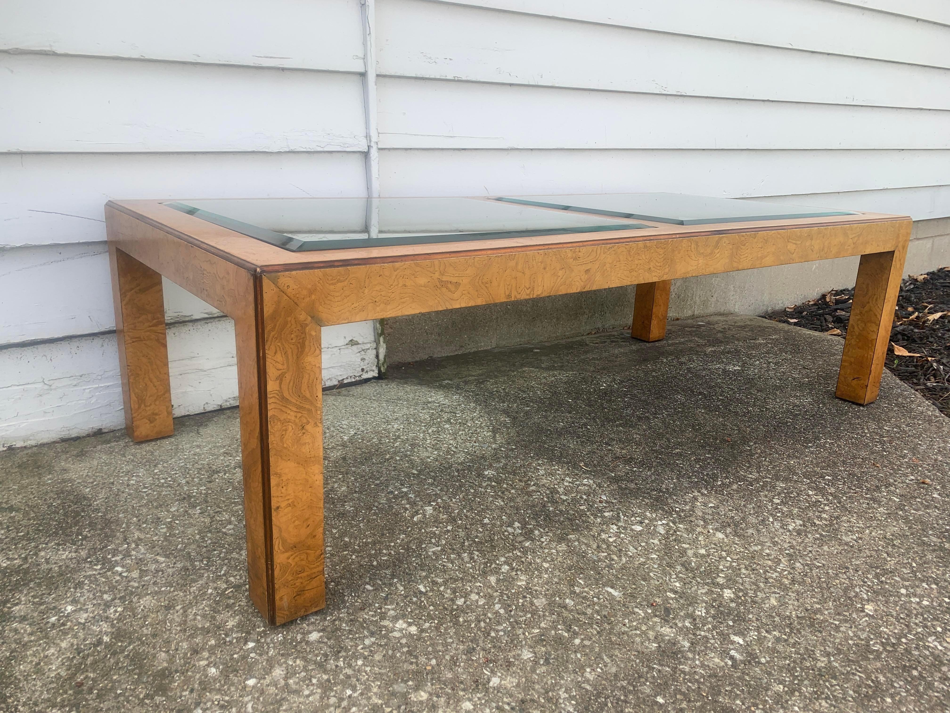 John Widdicomb Mid-Century Modern Burl Wood and Glass Cocktail Table In Good Condition In Elkhart, IN